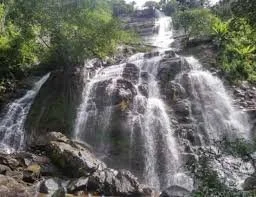 Waterfall flowing down rocks surrounded by greenery.