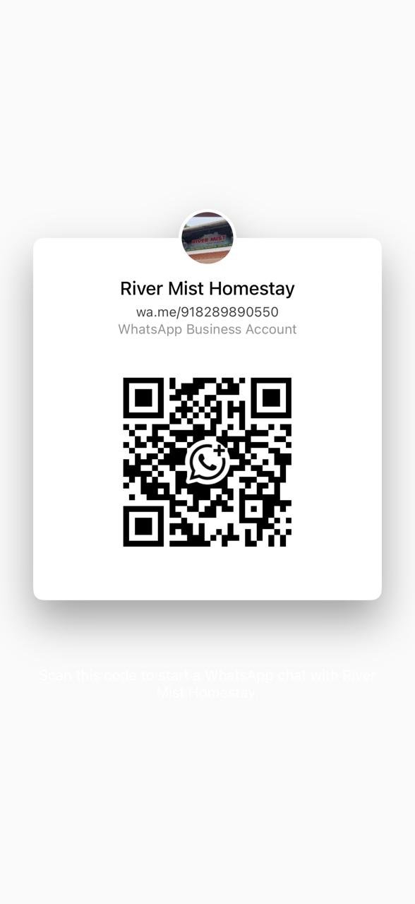 A digital QR code for River Mist Homestay with the WhatsApp business account link and contact information.