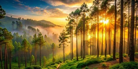 Sunset over a forest with tall pine trees and rolling hills, mist in the background, warm golden light.