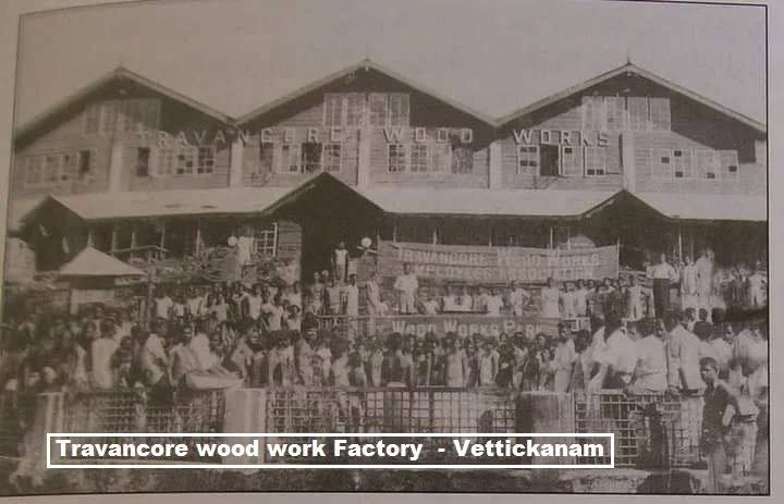 A large group of people gathered in front of a wooden factory building labeled "Travancore Wood Works" in Vettikkanam, with additional signs indicating wood work and carpentry activities.