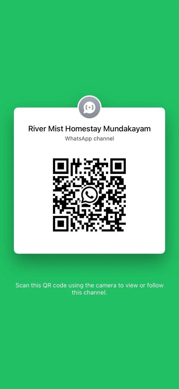 A screen showing a QR code for the WhatsApp channel River Mist Homestay Mundakayam, with instructions to scan the QR code to view or follow the channel.