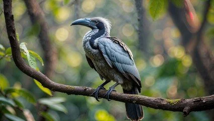 A hornbill perched on a tree branch in a forest setting.