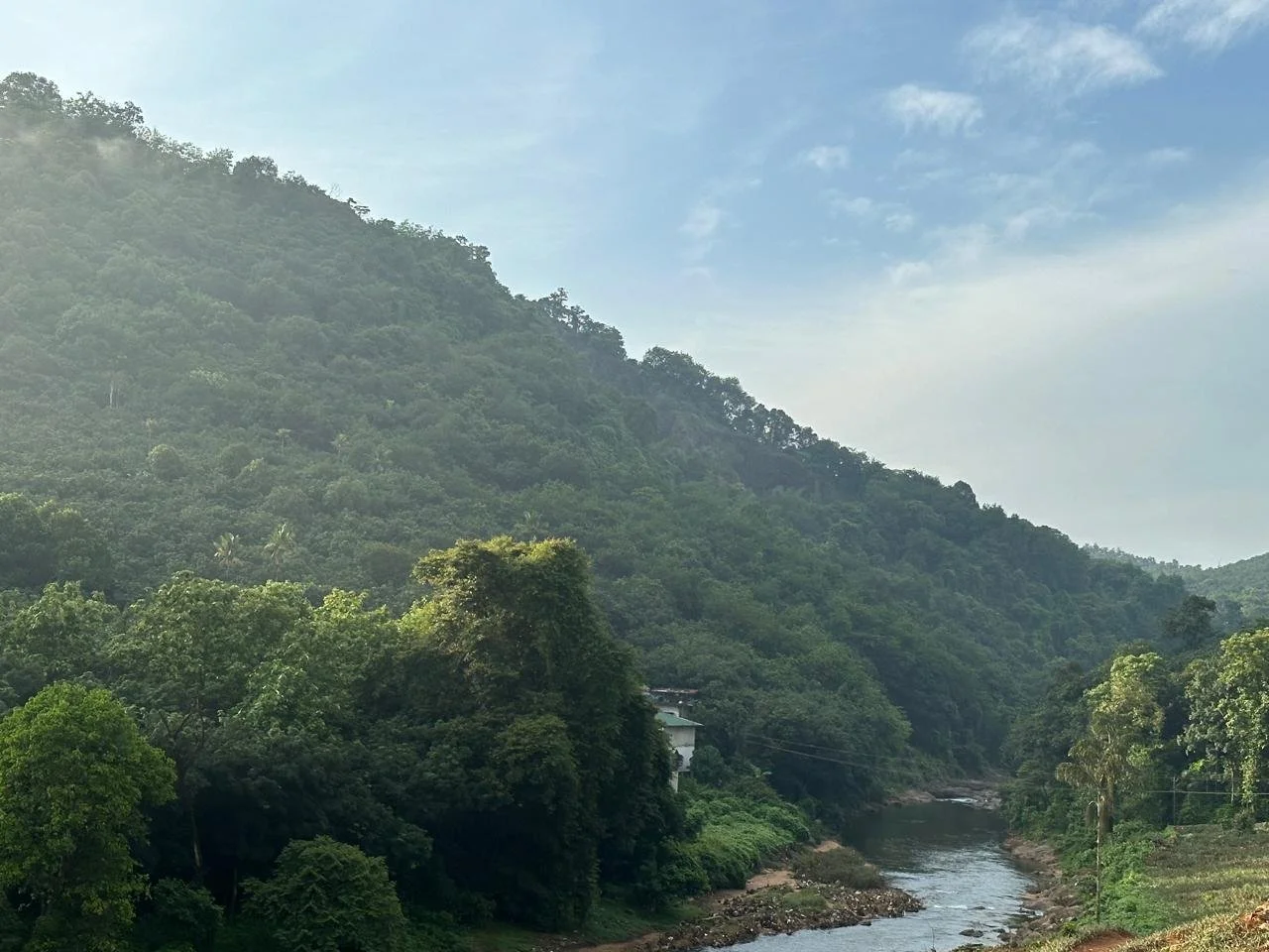 A lush green mountain with dense trees and a river flowing at the base, under a partly cloudy sky.