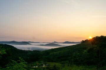 Sunrise over rolling hills with fog in a lush green landscape.