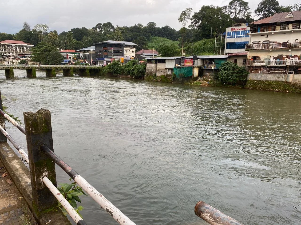 A river flowing through a town with buildings on the riverbank, some trees, and a bridge in the background, overcast weather.
