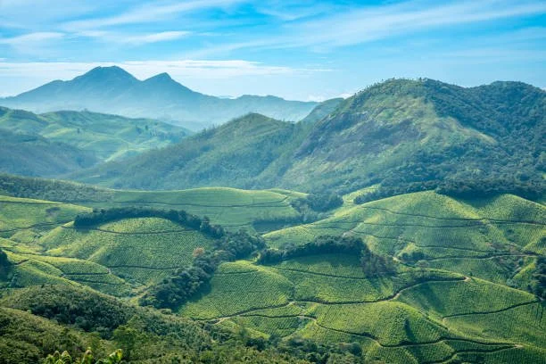 Lush green hills and mountains under a blue sky with some clouds.