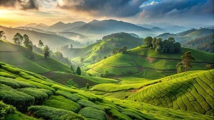 Lush green terraced hills with distant mountains and a partly cloudy sky at sunrise or sunset.