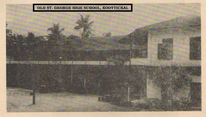 Black-and-white photograph of Old St. George High School in Koottickal, showing a two-story building with windows and surrounding trees.