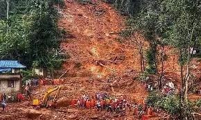 Mudslide covering a hillside with trees and a small building, with rescue personnel and equipment at the scene.