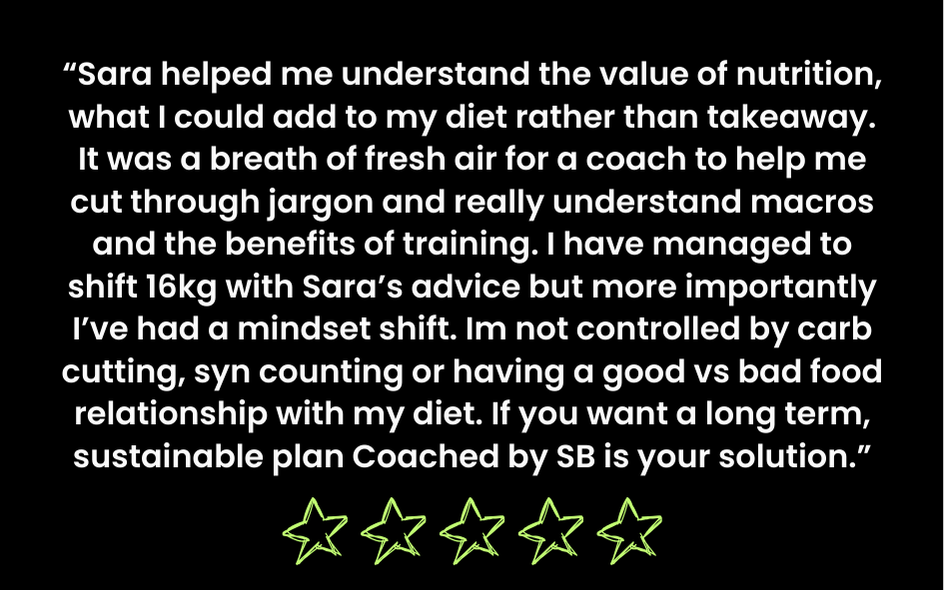 Customer testimonial expressing appreciation for Sara's guidance on nutrition, mindset, and sustainable weight loss strategy, mentioning a 16kg weight shift and long-term planning.