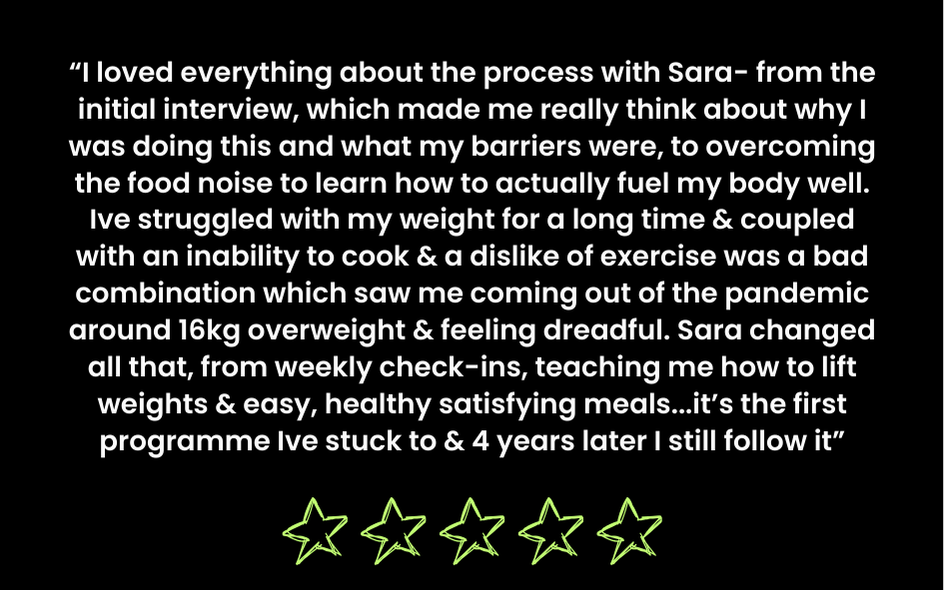 Quote about positive change and weight loss journey with Sara, highlighting overcoming barriers, learning healthy habits, and sticking to a program for four years.