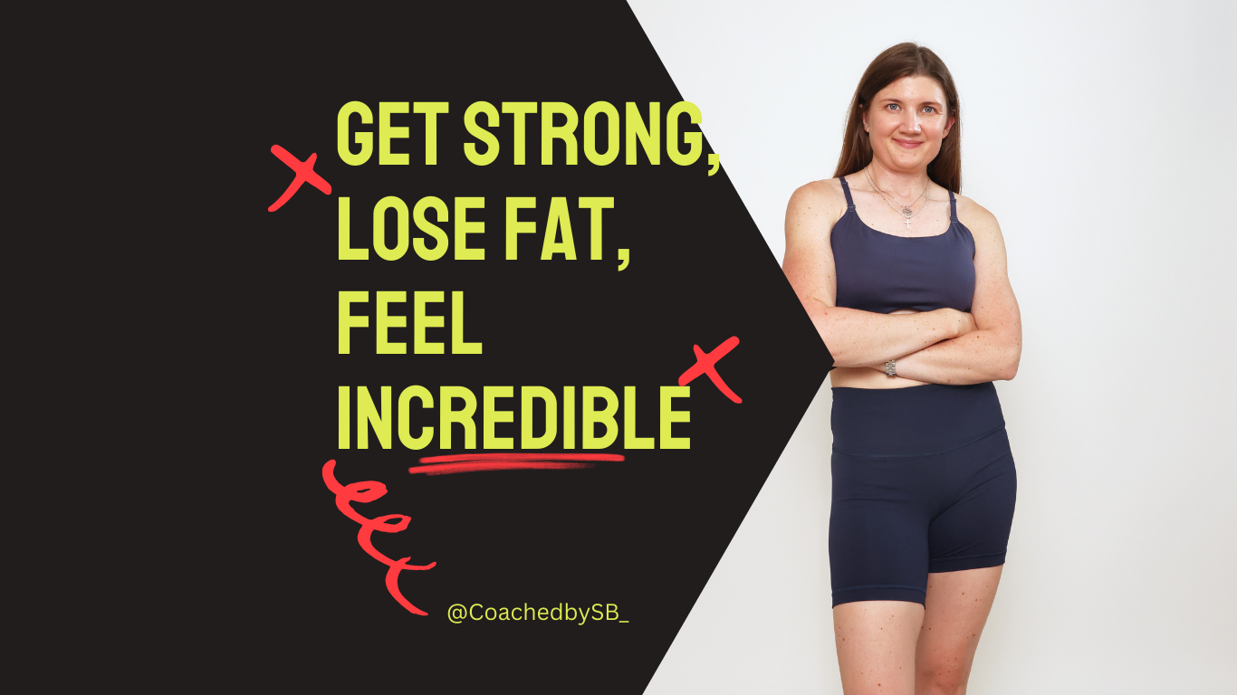 A woman with long brown hair standing against a white background, crossed arms, wearing a navy blue tank top and matching shorts, next to a black background with yellow text that reads 'Get strong, lose fat, feel incredible' and some red decorative marks.