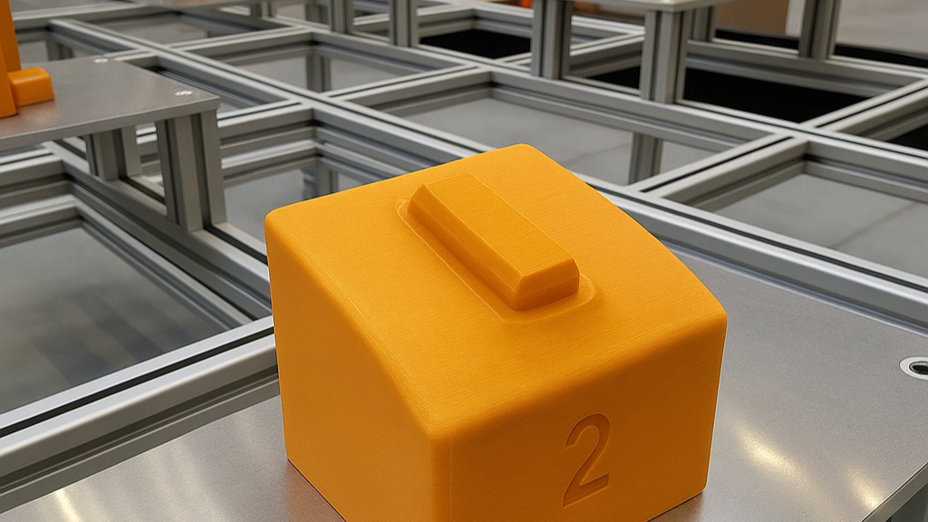 3D tištěný přípravek, technický díl na hliníkové konstrukci ve výrobním prostředí.