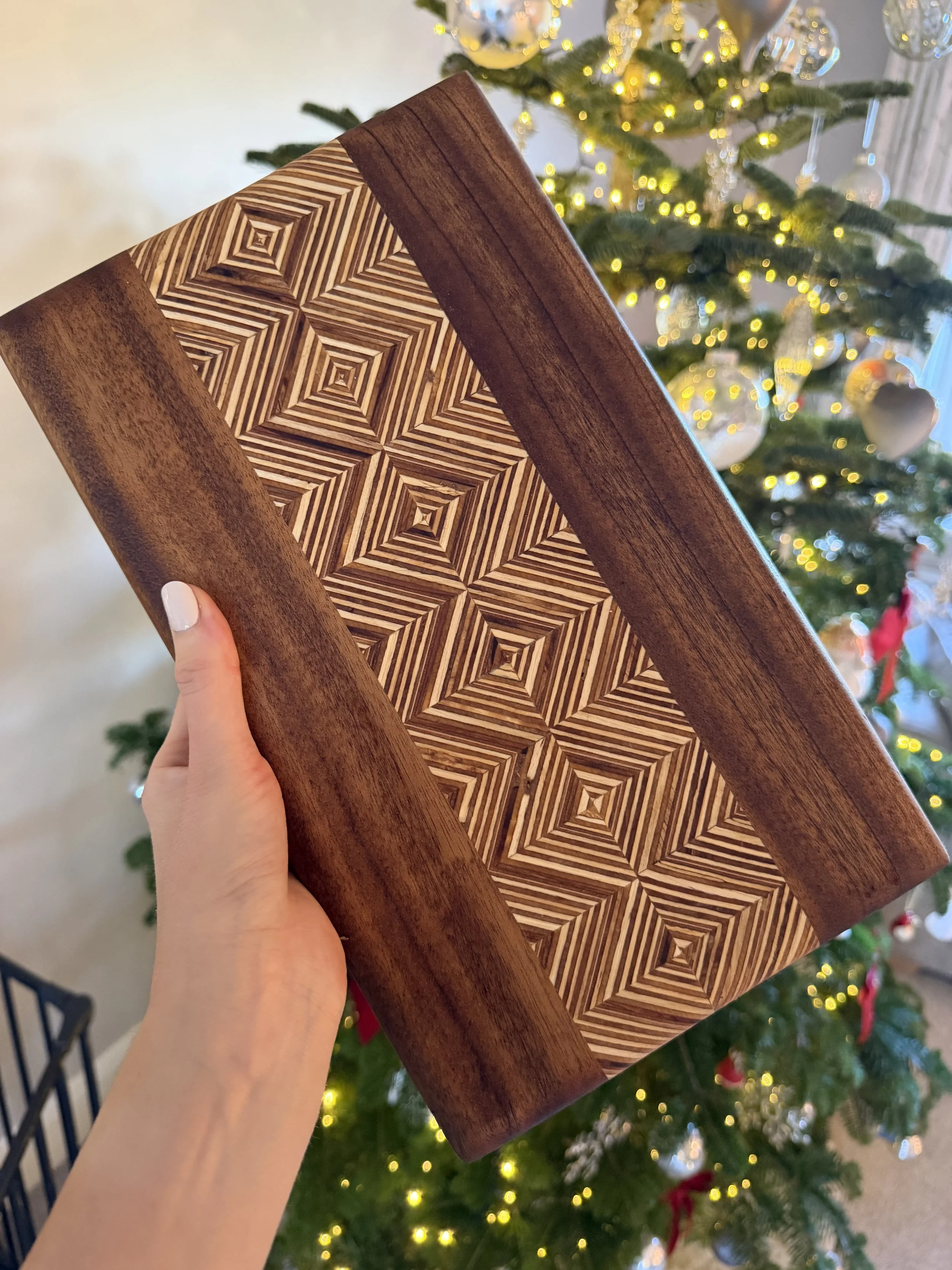 Geometric Walnut and Patterned Plywood Serving Board, Finished with Bees Wax