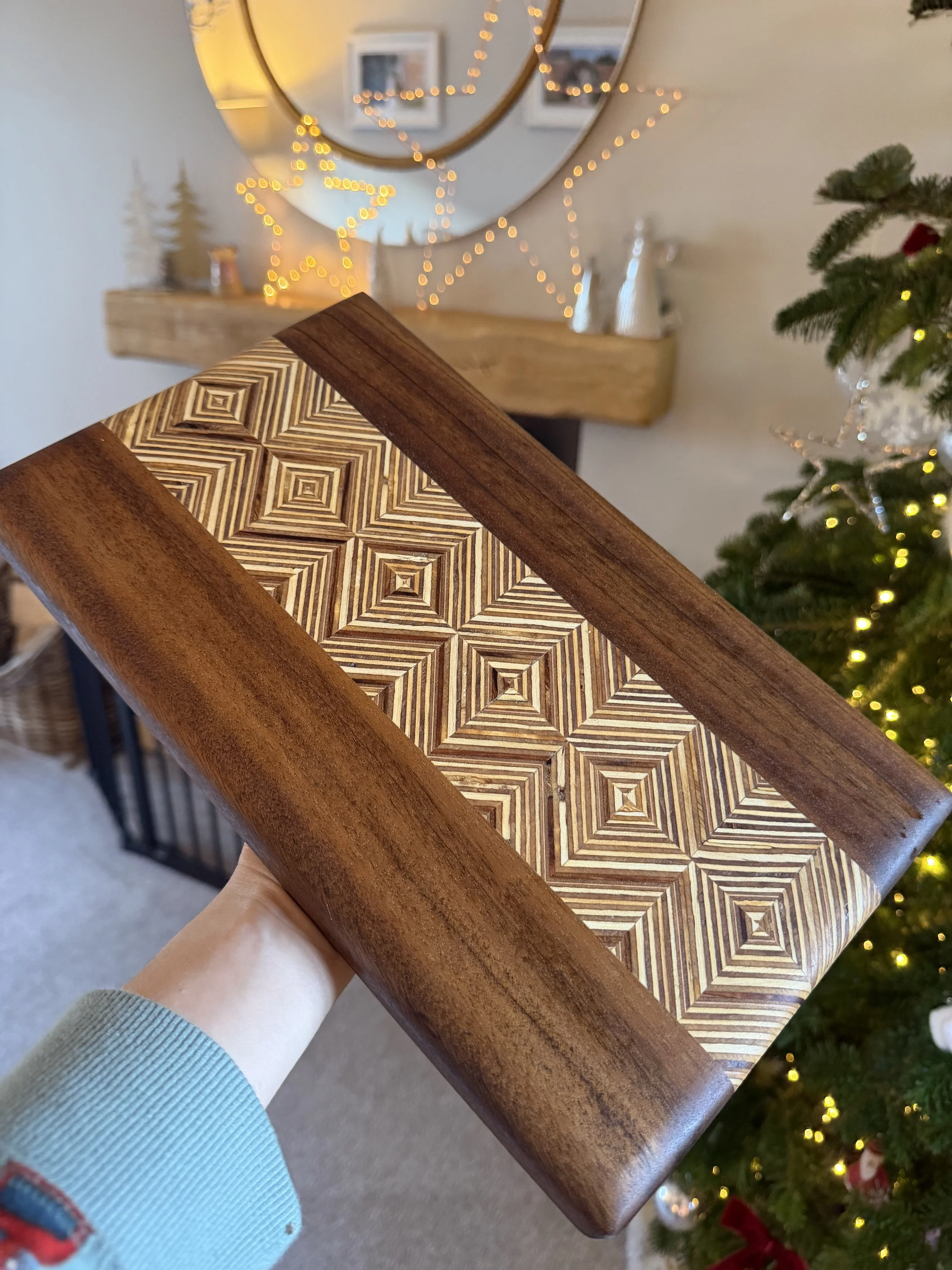 Geometric Walnut and Patterned Plywood Serving Board, Finished with Bees Wax