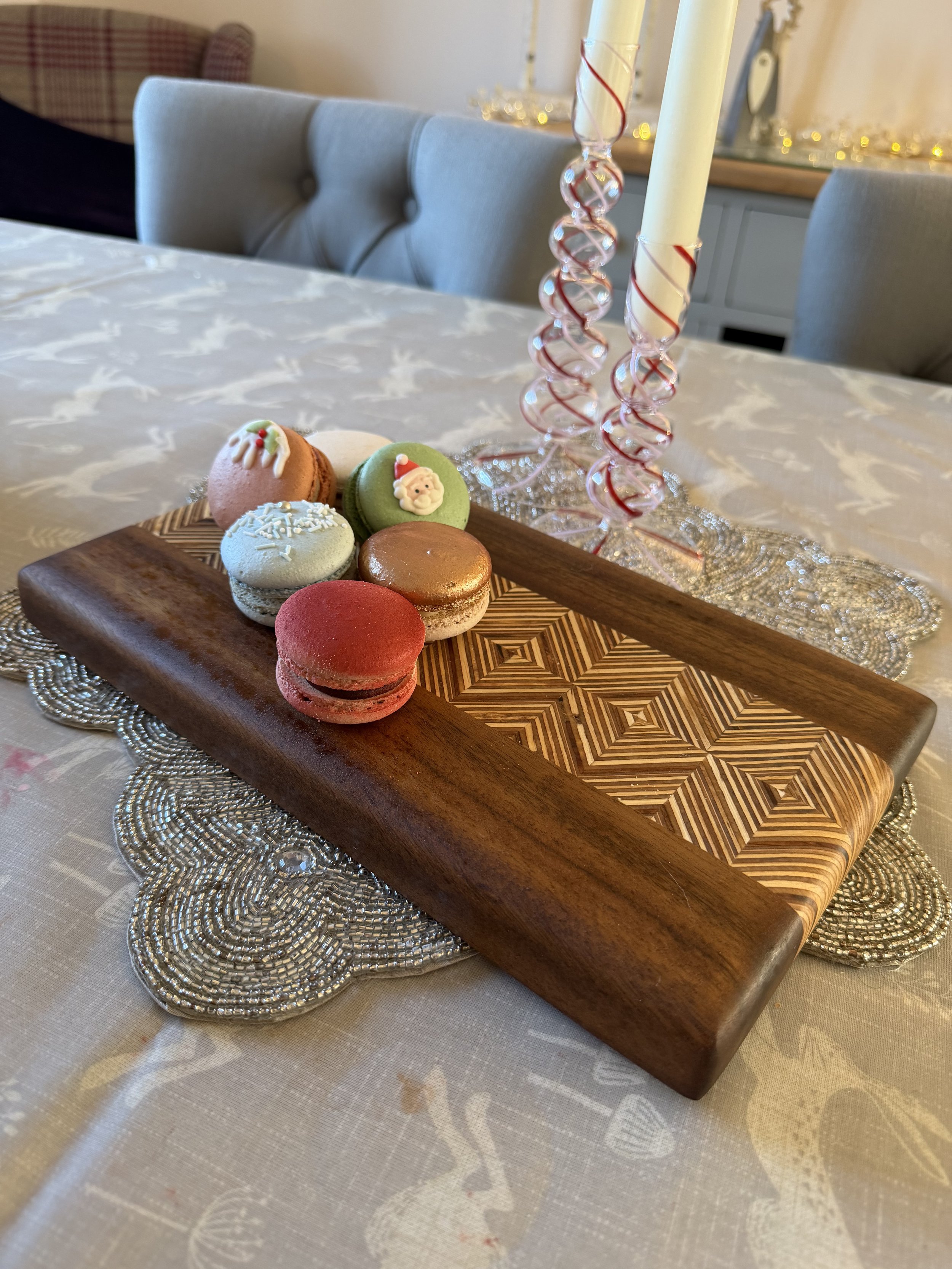 Geometric Walnut and Patterned Plywood Serving Board, Finished with Bees Wax