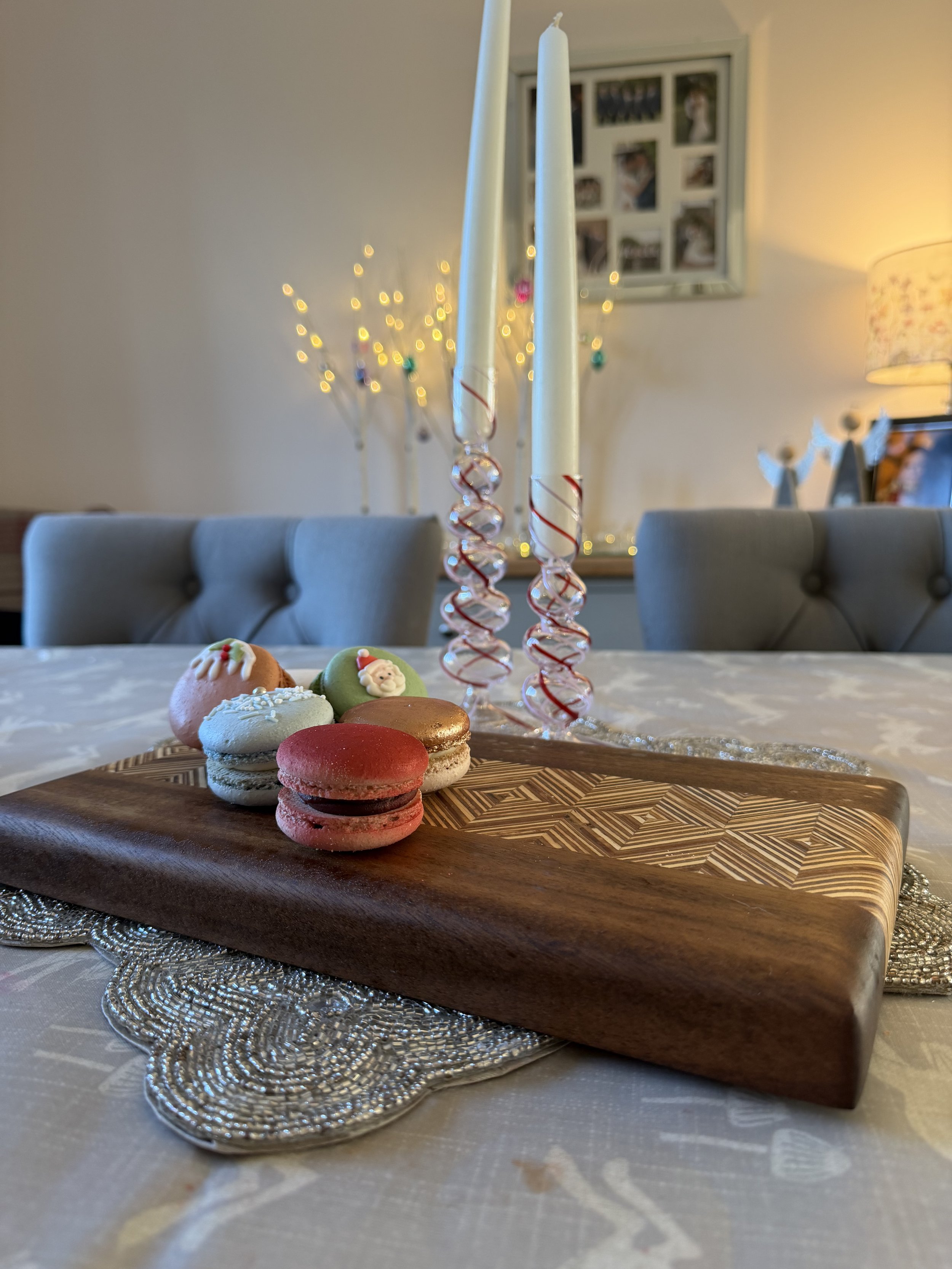 Geometric Walnut and Patterned Plywood Serving Board, Finished with Bees Wax