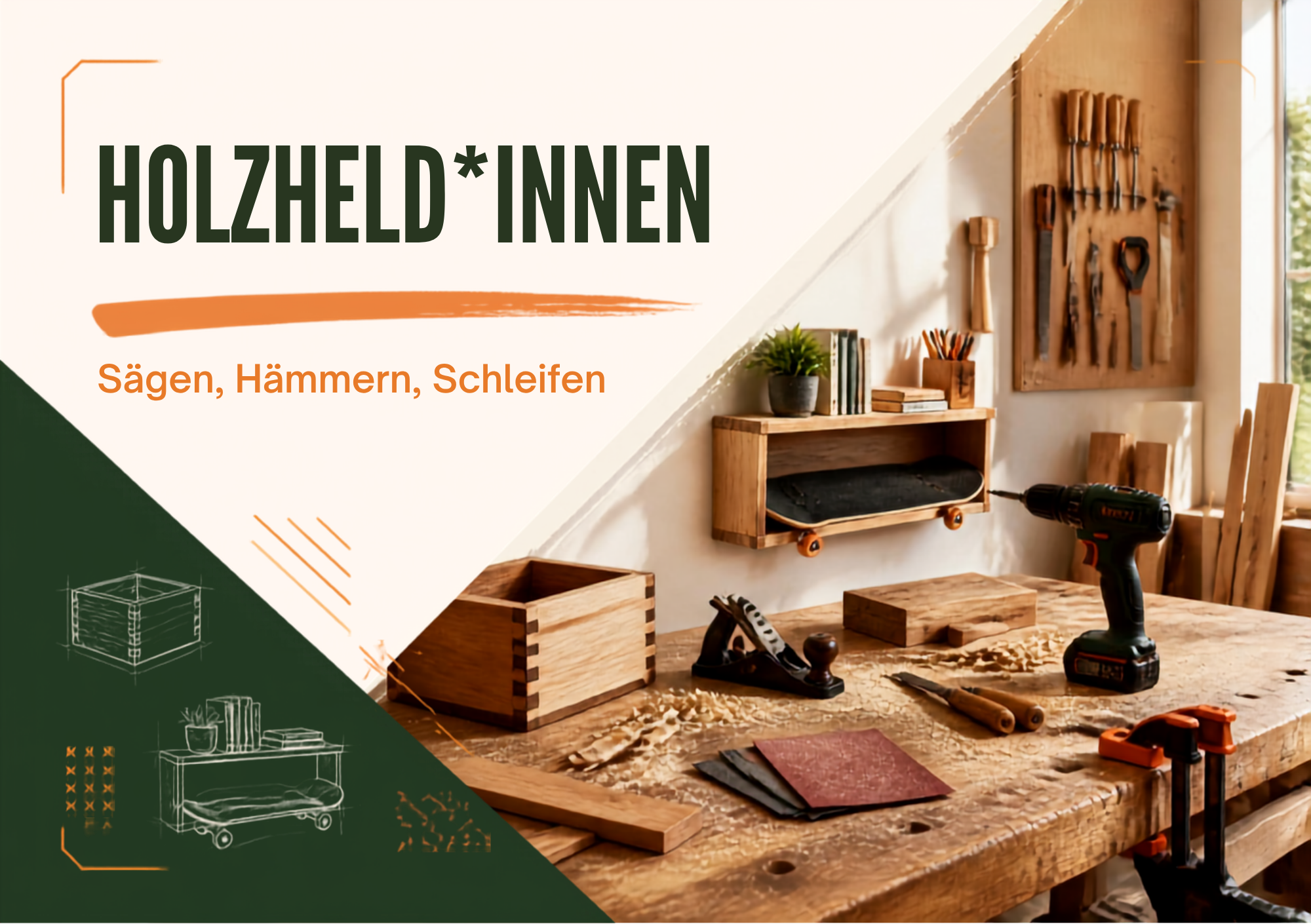 Holzheld*innen: Helle Holzwerkstatt mit Werkzeugwand, Werkbank, Akkuschrauber und handgefertigten Holzprojekten; Text „Sägen, Hämmern, Schleifen“.