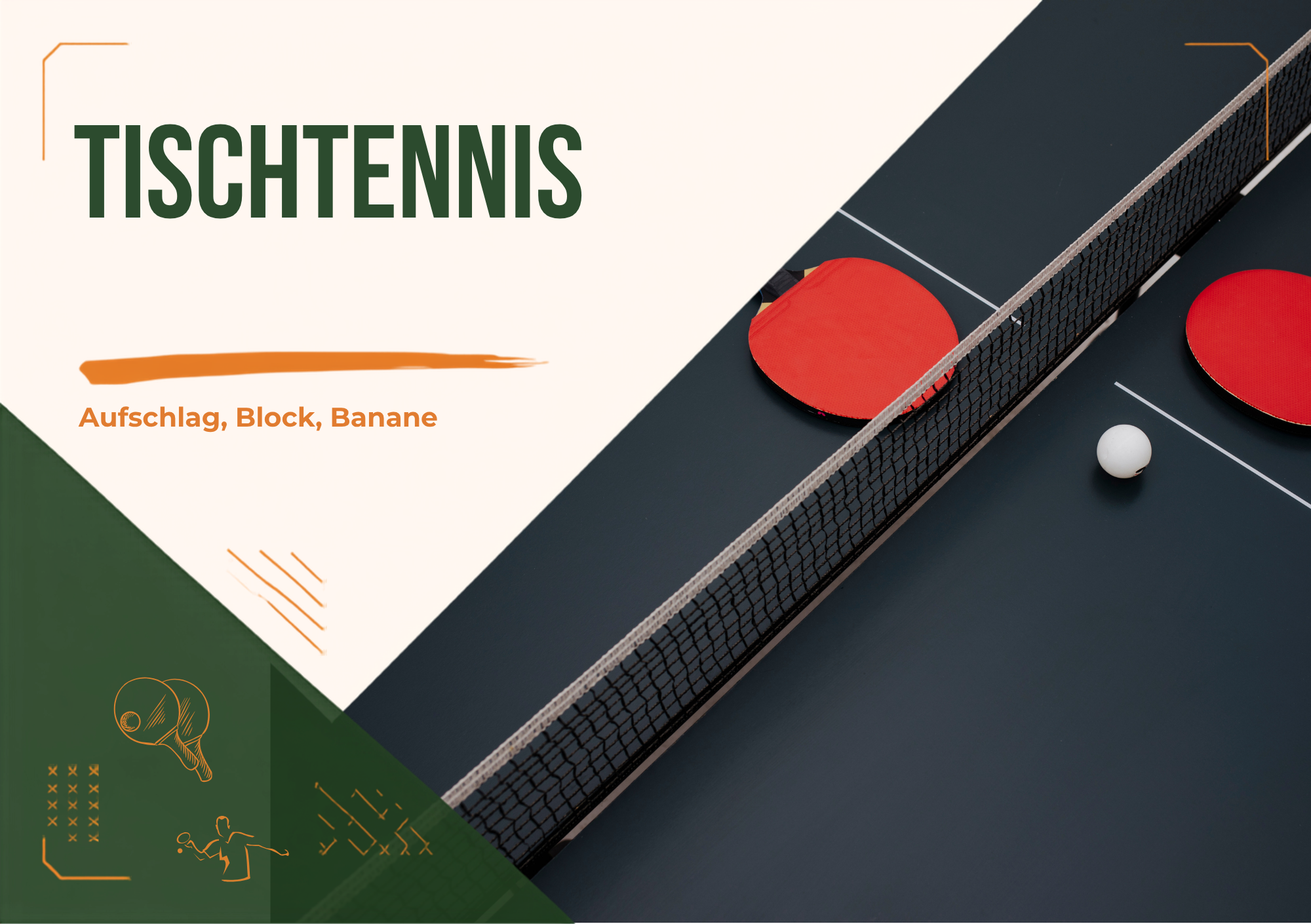Grafik zum Tischtennis mit zwei roten Schlägern, weißem Ball, Netz und den Begriffen „Aufschlag, Block, Banane“.