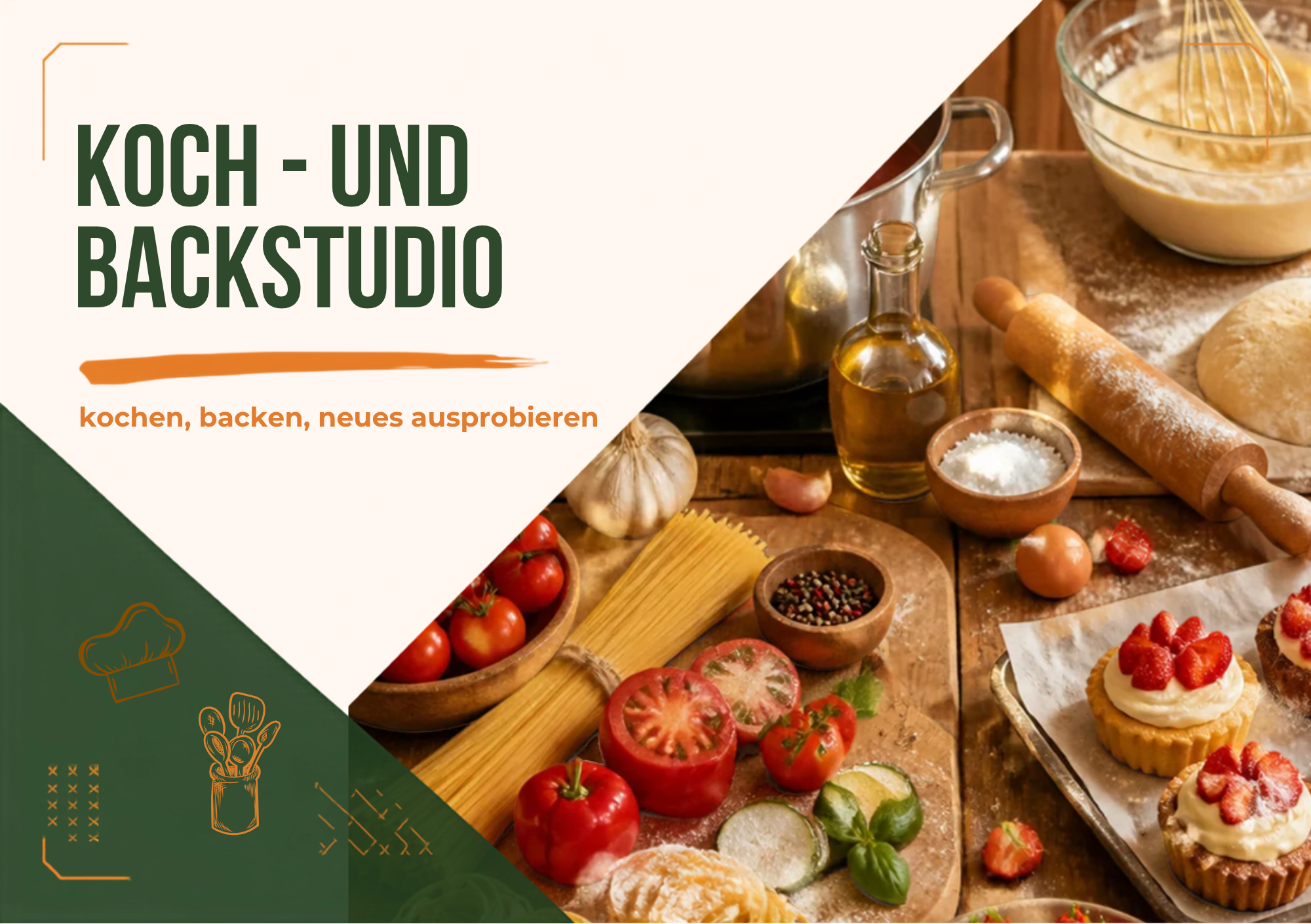 Koch- und Backstudio: Zutaten, Teig und Gebäck in einer Küche mit dem Text „kochen, backen, neues ausprobieren“