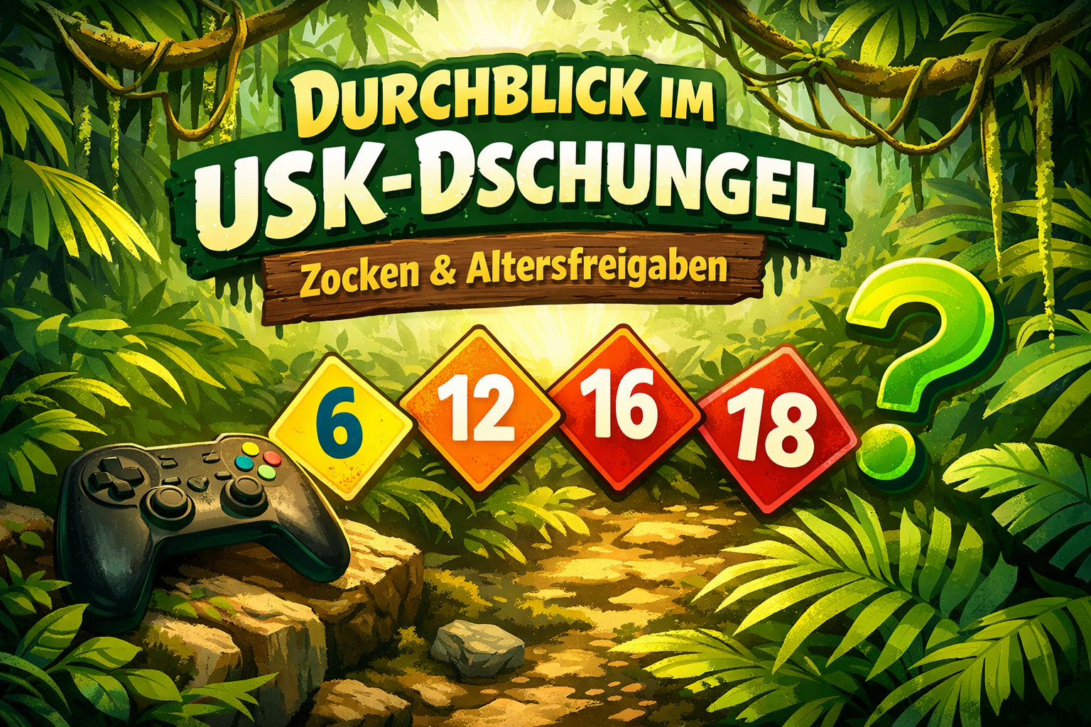 Illustration eines Videospielcontrollers im Dschungel mit dem Titel „Durchblick im USK-Dschungel“, Altersfreigaben 6, 12, 16 und 18 sowie einem Fragezeichen.