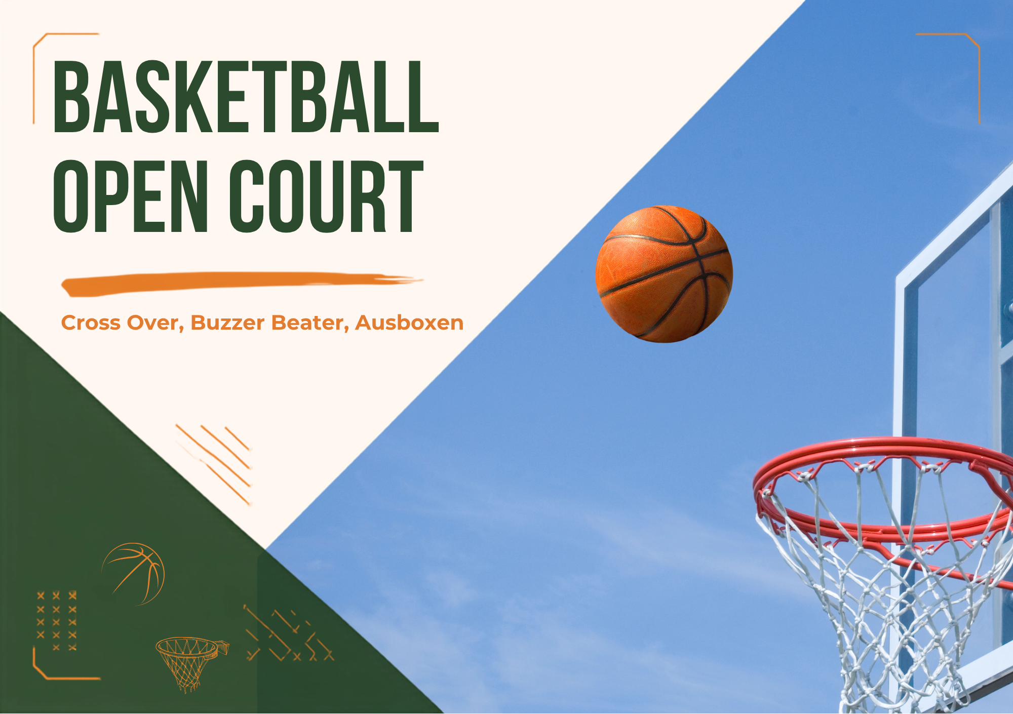 Basketball-Grafik mit fliegendem Basketball vor einem Korb und dem Text „Basketball Open Court“.