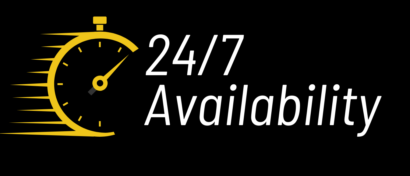 A black background with a yellow stopwatch icon and white text that reads '24/7 Availability'.