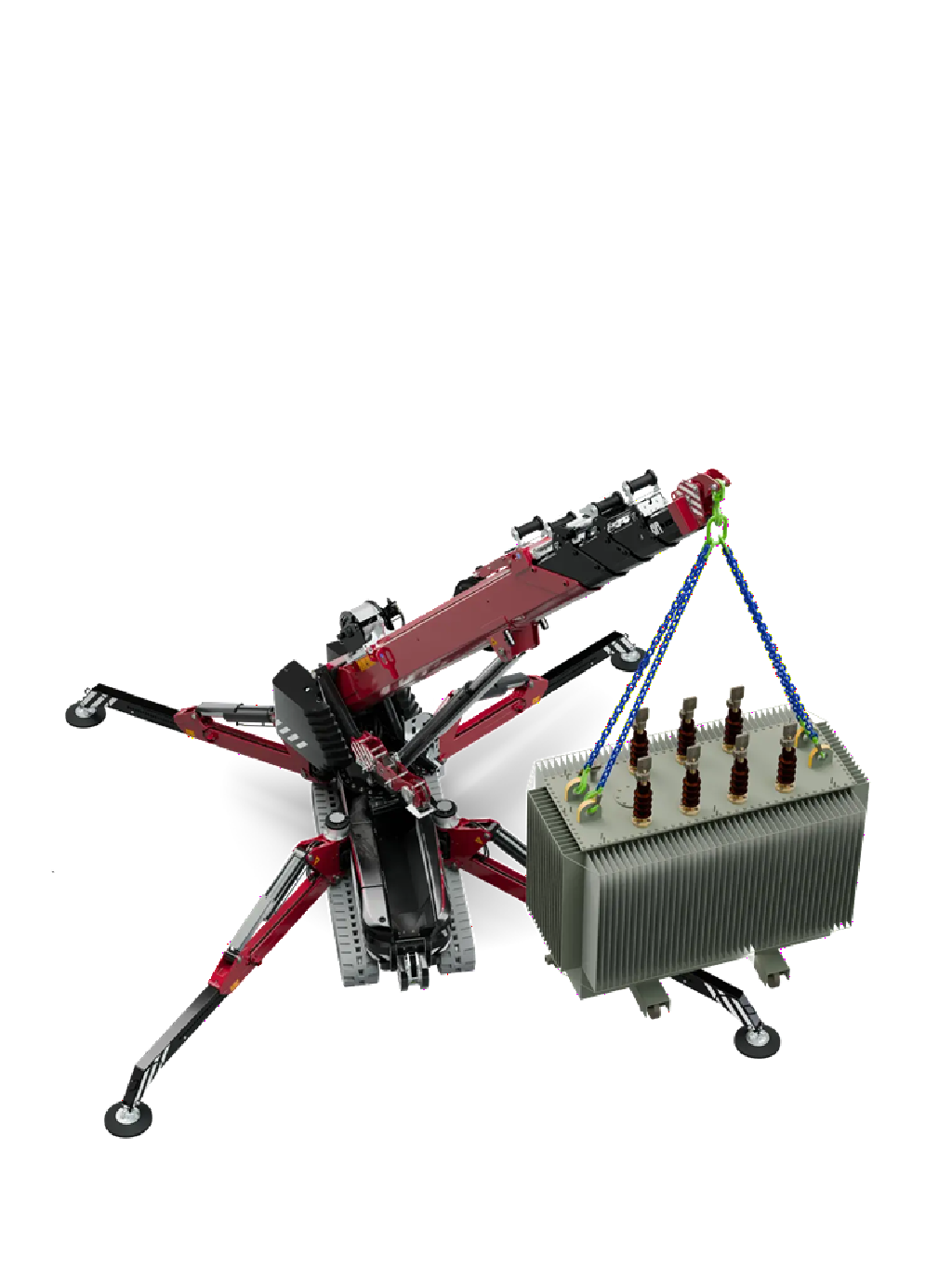 A robotic arm lifting a large gray heatsink or electrical component with blue and green lifting straps.