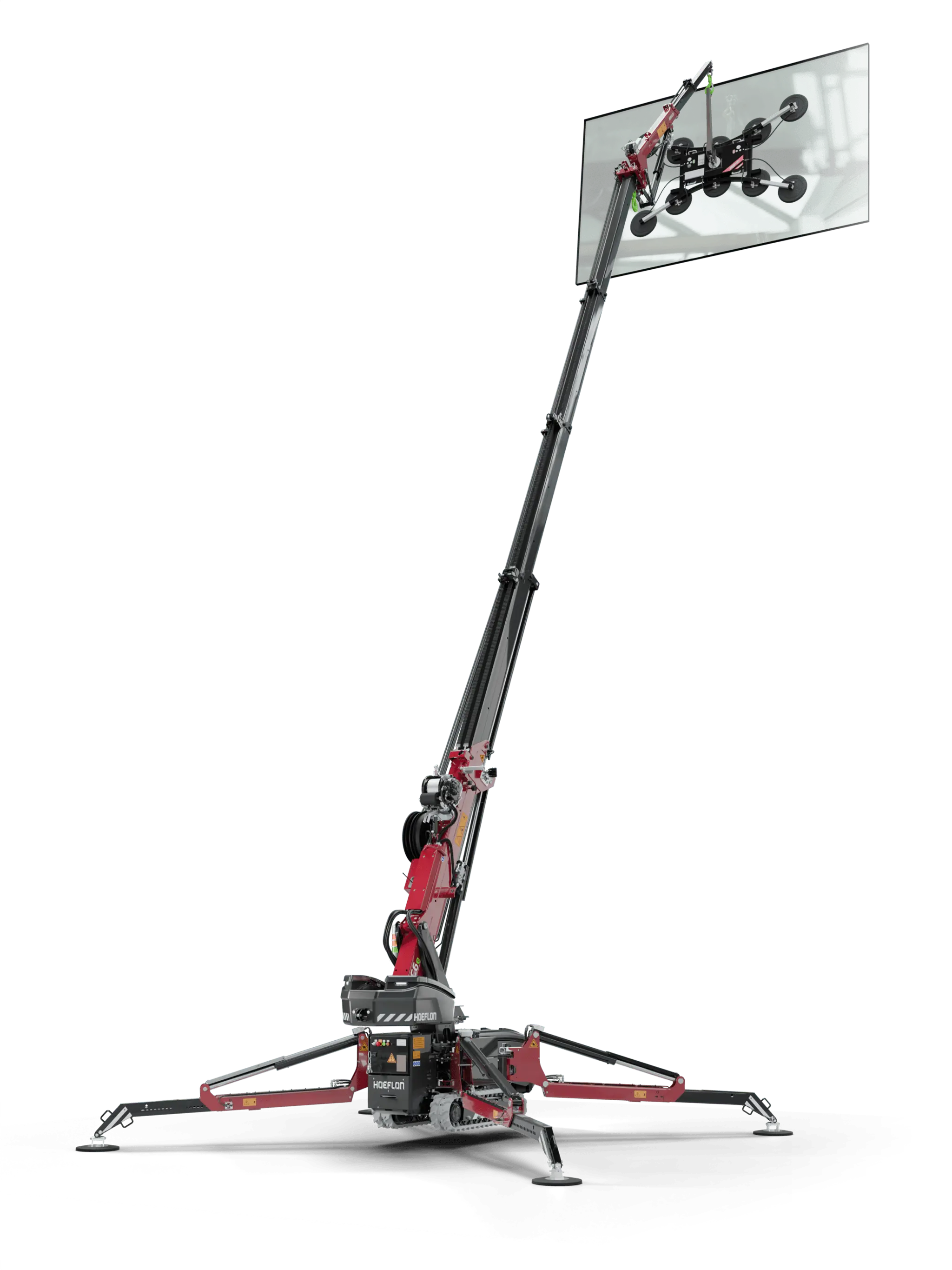 A large, robotic camera crane with a red and black base, extending vertically with multiple joints, and a camera mounted on top, set against a black background.
