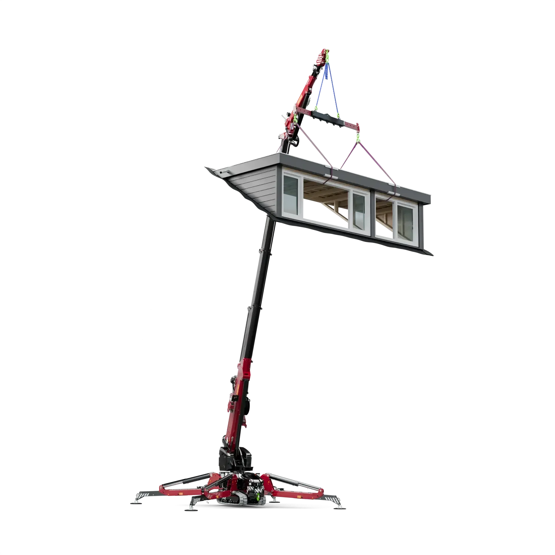 Red and black telescopic boom lift extended upwards with a small enclosed operator cab at the top. The lift is positioned on a black platform with a wheel-based chassis. The boom has multiple sections with hydraulic components and stabilizers to support its height.