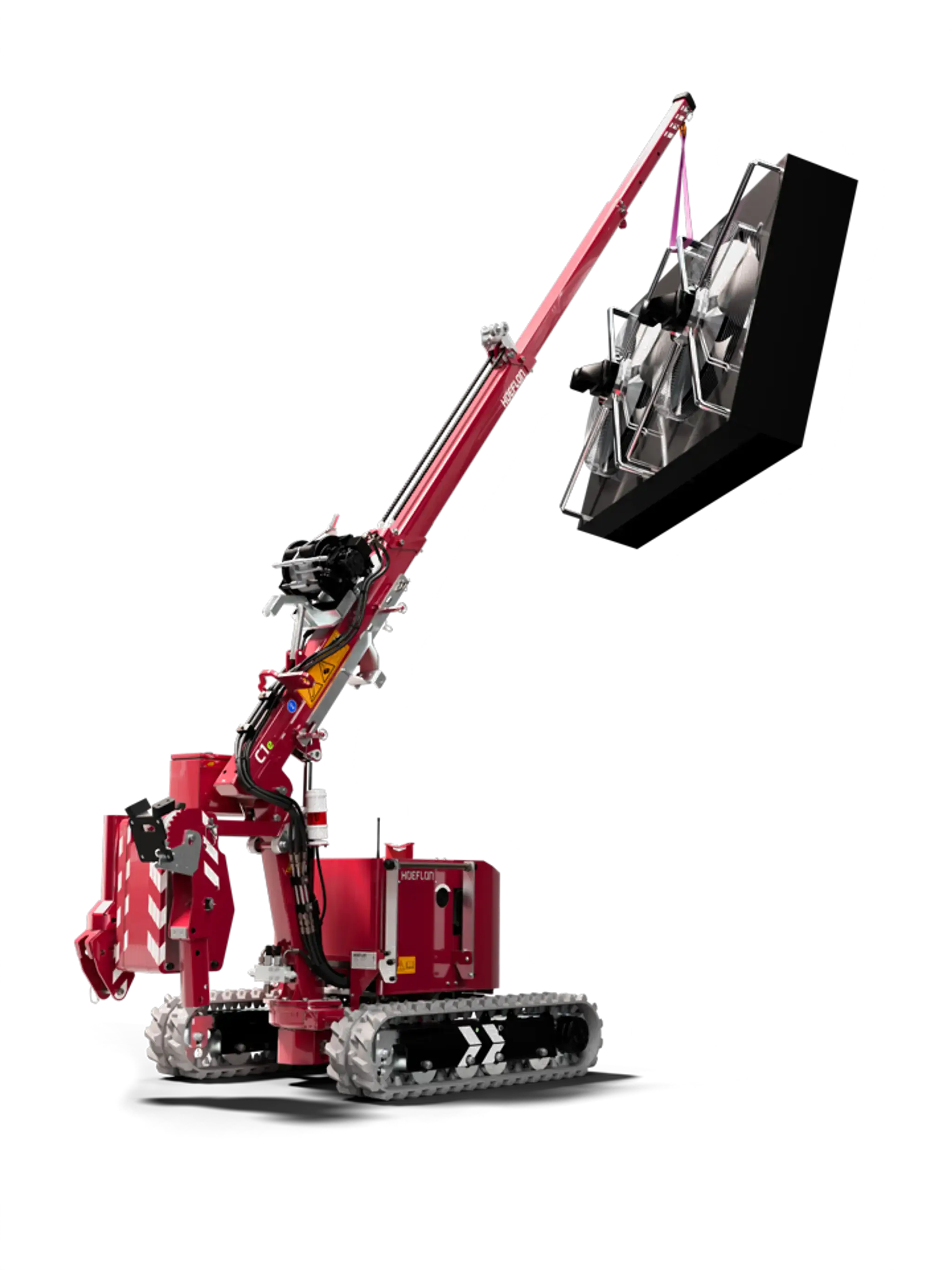 Red and gray compact excavator with a boom arm and a bucket attachment, set against a black background.