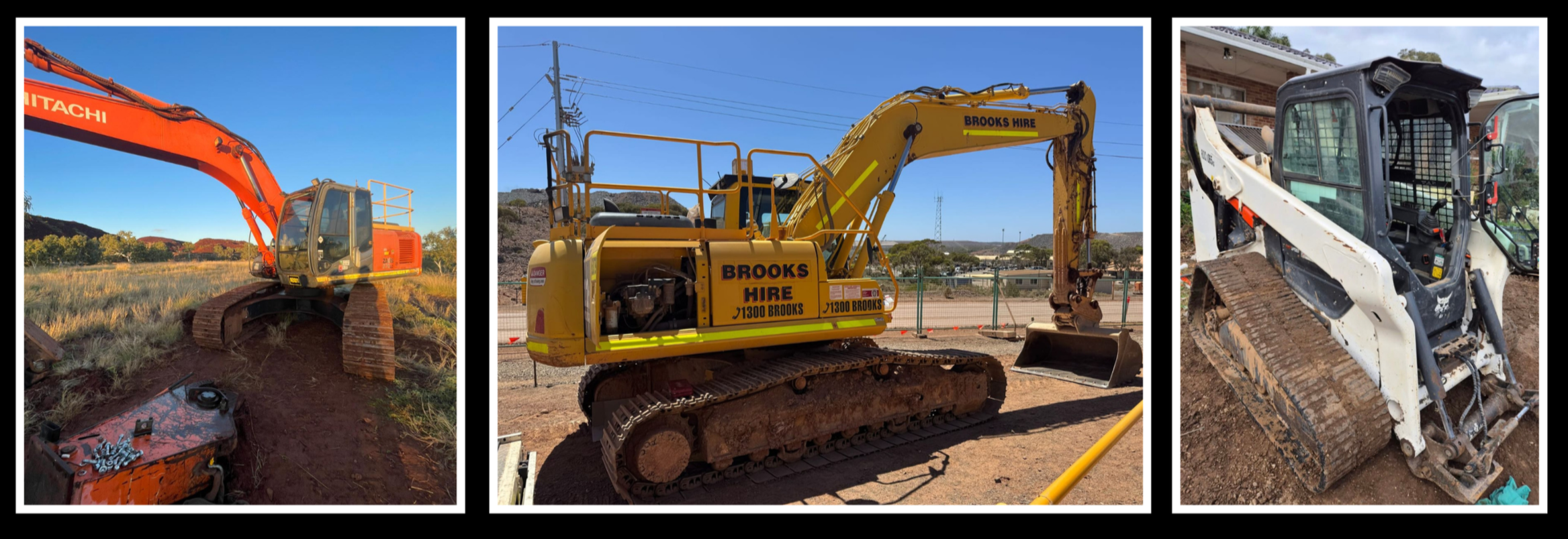 Three construction excavators in outdoor settings, one orange, one yellow, and one white and black, with various construction tools and equipment.