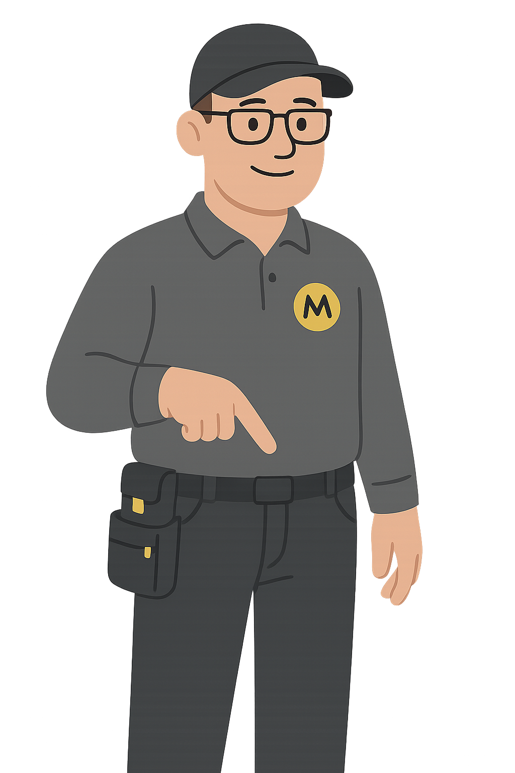 Cartoon character wearing glasses and a black cap, dressed in a gray uniform with a yellow badge with a black 'M', standing against an abstract background.