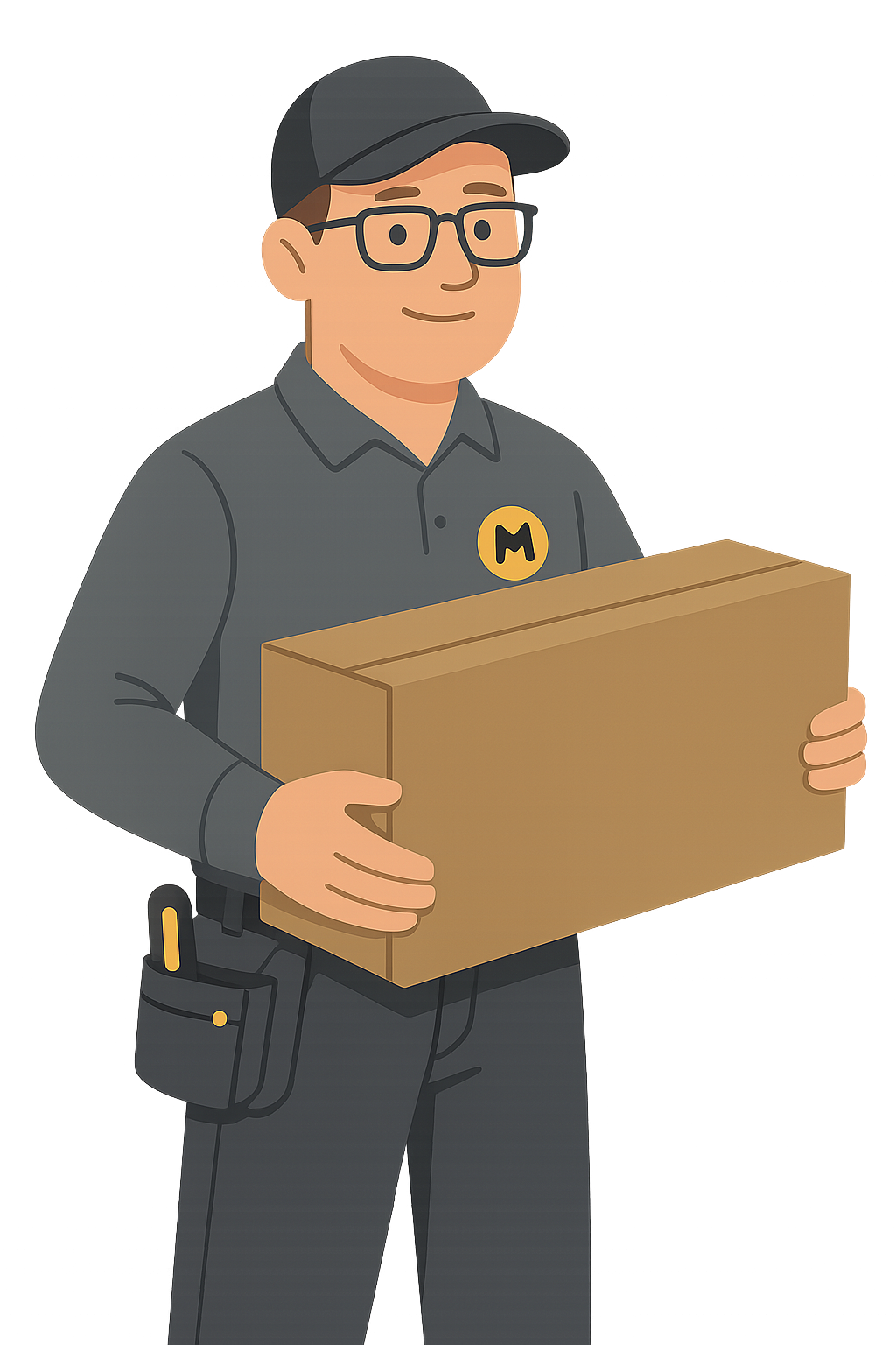 Illustration of a delivery person wearing glasses, a cap, and a uniform with an 'M' logo, holding a cardboard box.