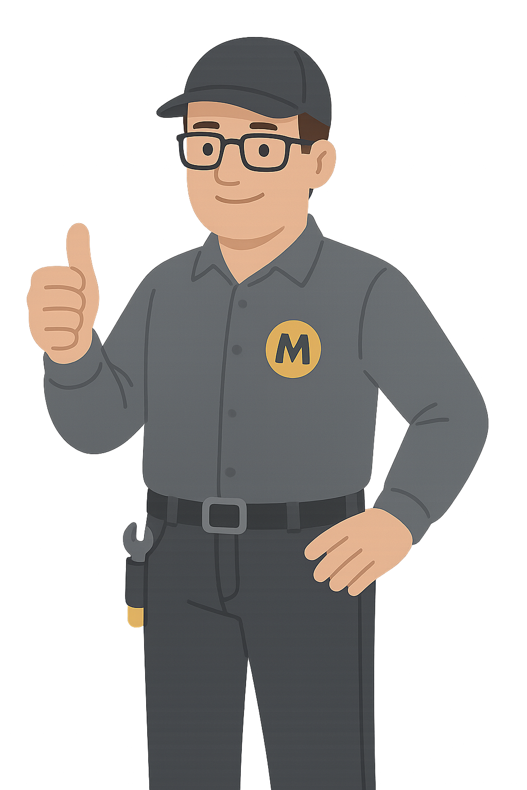 An animated person dressed as a maintenance worker, wearing a gray uniform with a yellow badge marked 'M', black-rimmed glasses, and a gray cap, giving a thumbs-up.