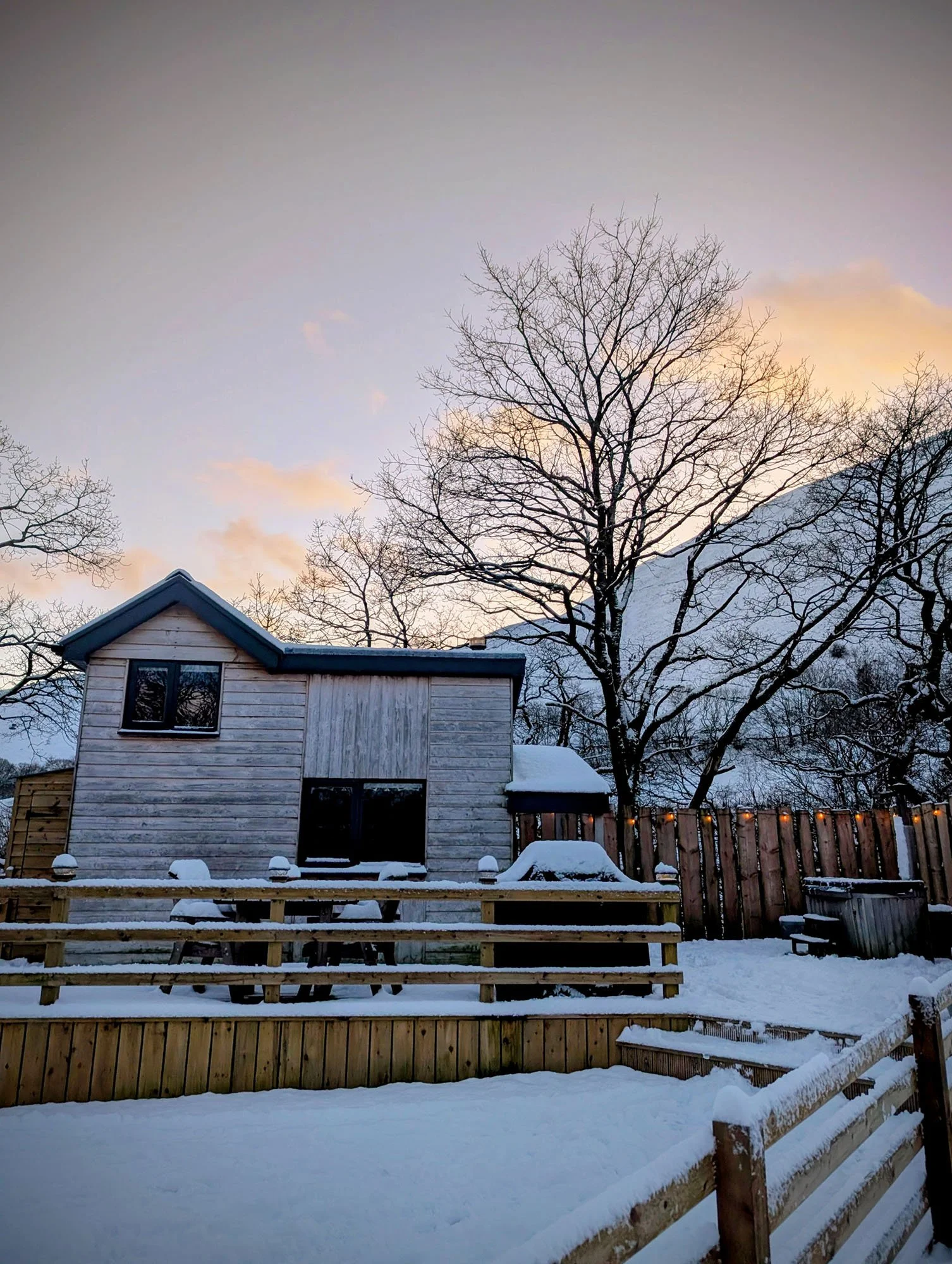 Nant Cafn cabin in winter snow, mid Wales