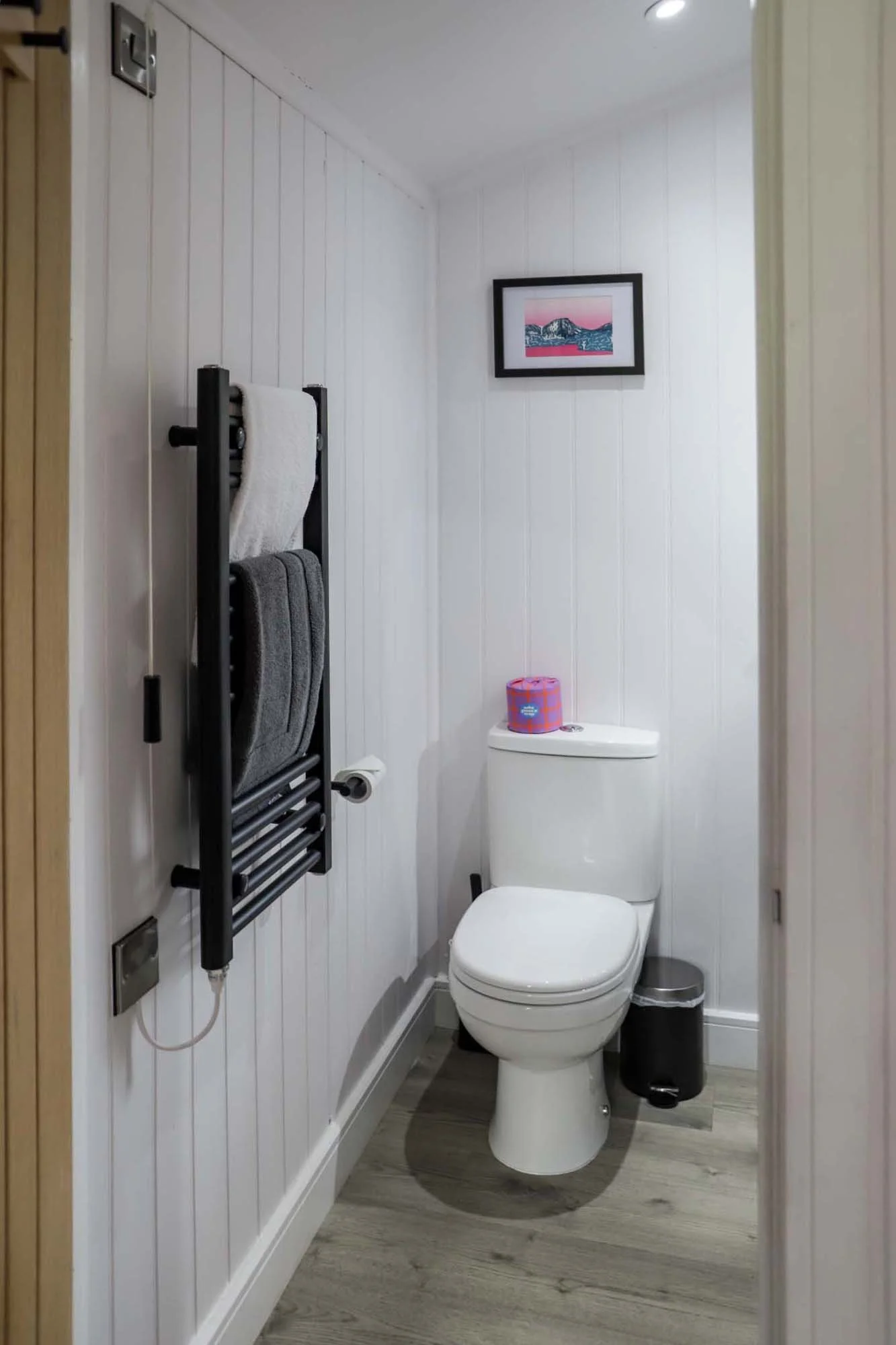 small bathroom in a timber holiday cabin with white painted walls, towel radiator and simple white flushing toilet.