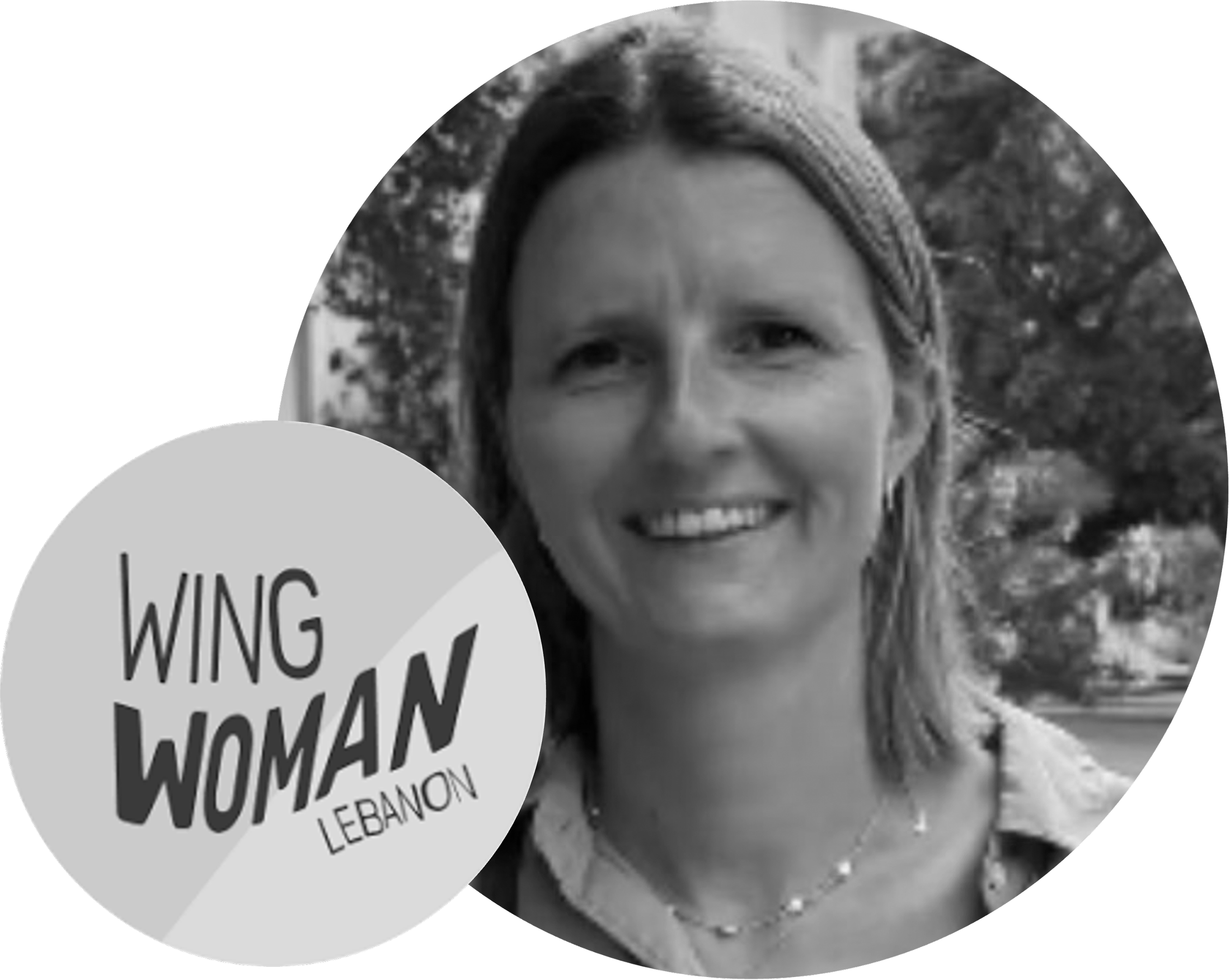 Round logo with teal and yellow background halves, featuring the text 'WING WOMAN LEBANON' in blue and black letters.