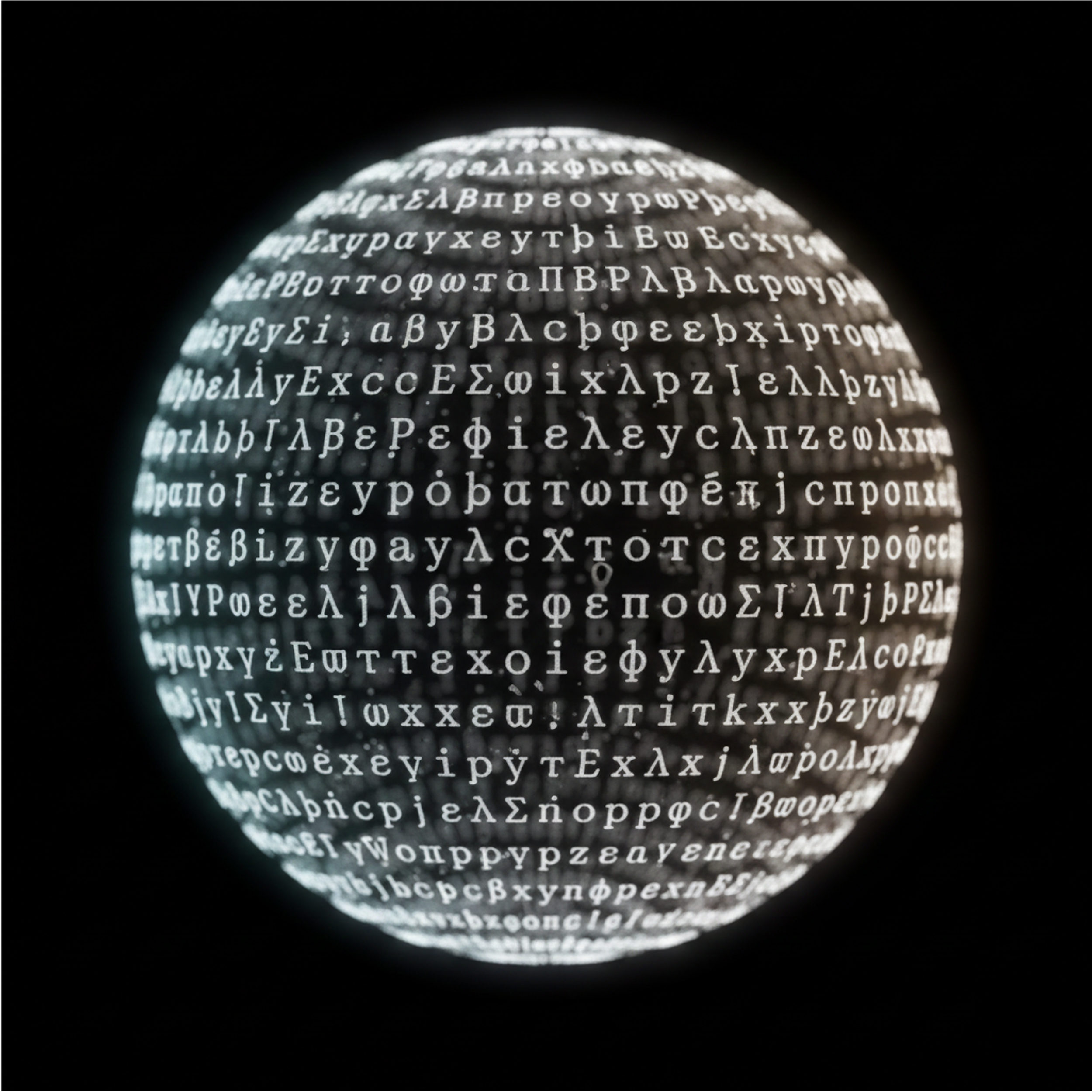 A spherical object displaying lines of Greek and Latin alphabet characters against a dark background.