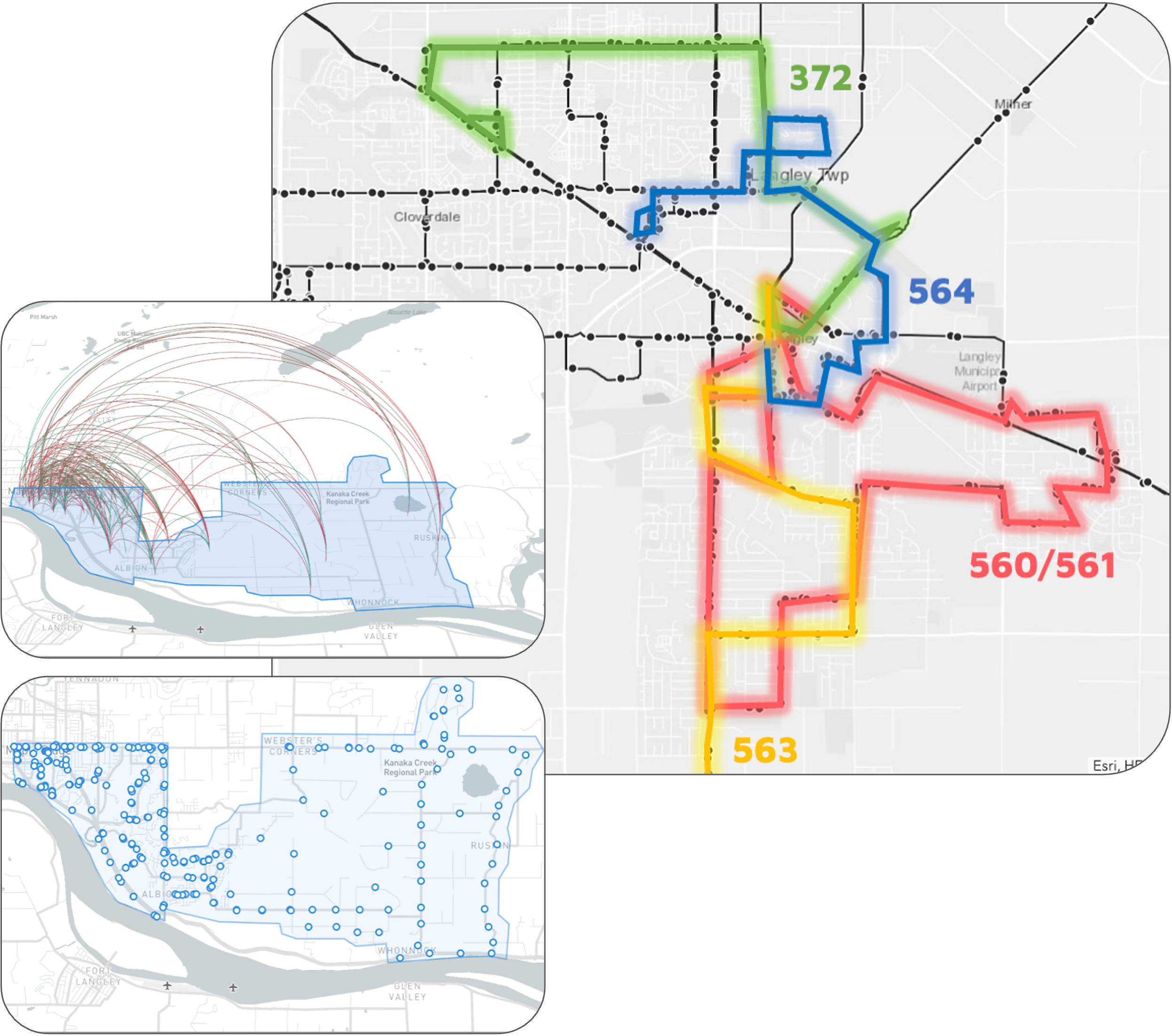 Map with colored lines and numbers indicating routes or zones, including sections labeled 372, 564, 560/561, and 563, along with two smaller inset maps showing detailed route connections and plotted points.