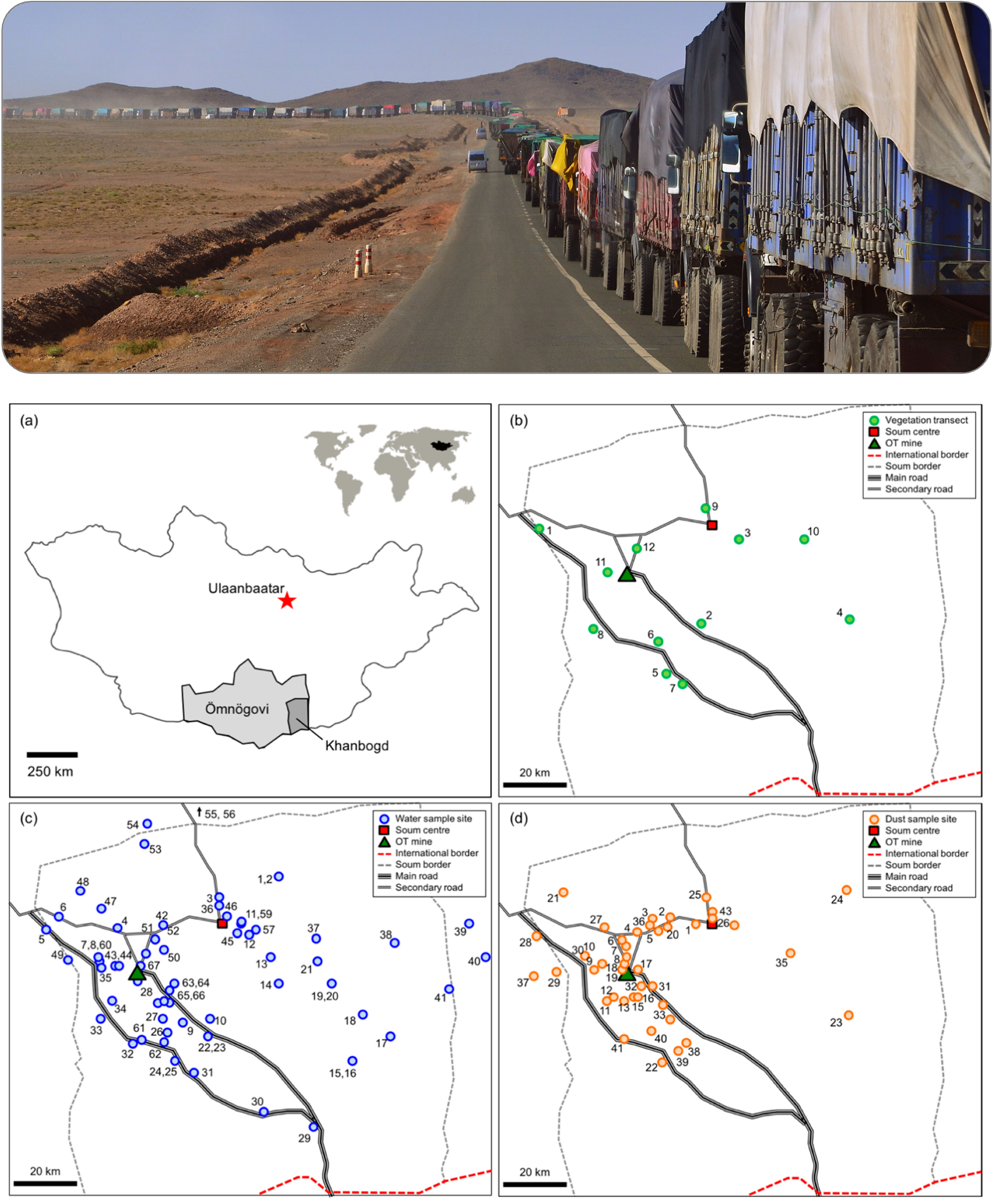 Line of trucks parked along a rural road with arid landscape and mountains in the distance.