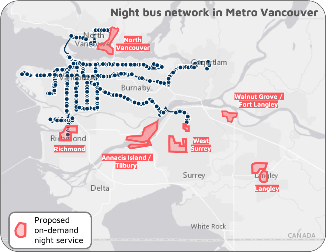 Map of Metro Vancouver showing existing night bus routes in blue and proposed on-demand night services in red, including North Vancouver, Richmond, Annacis Island / Tilbury, West Surrey, Walnut Grove / Fort Langley, and Langley.