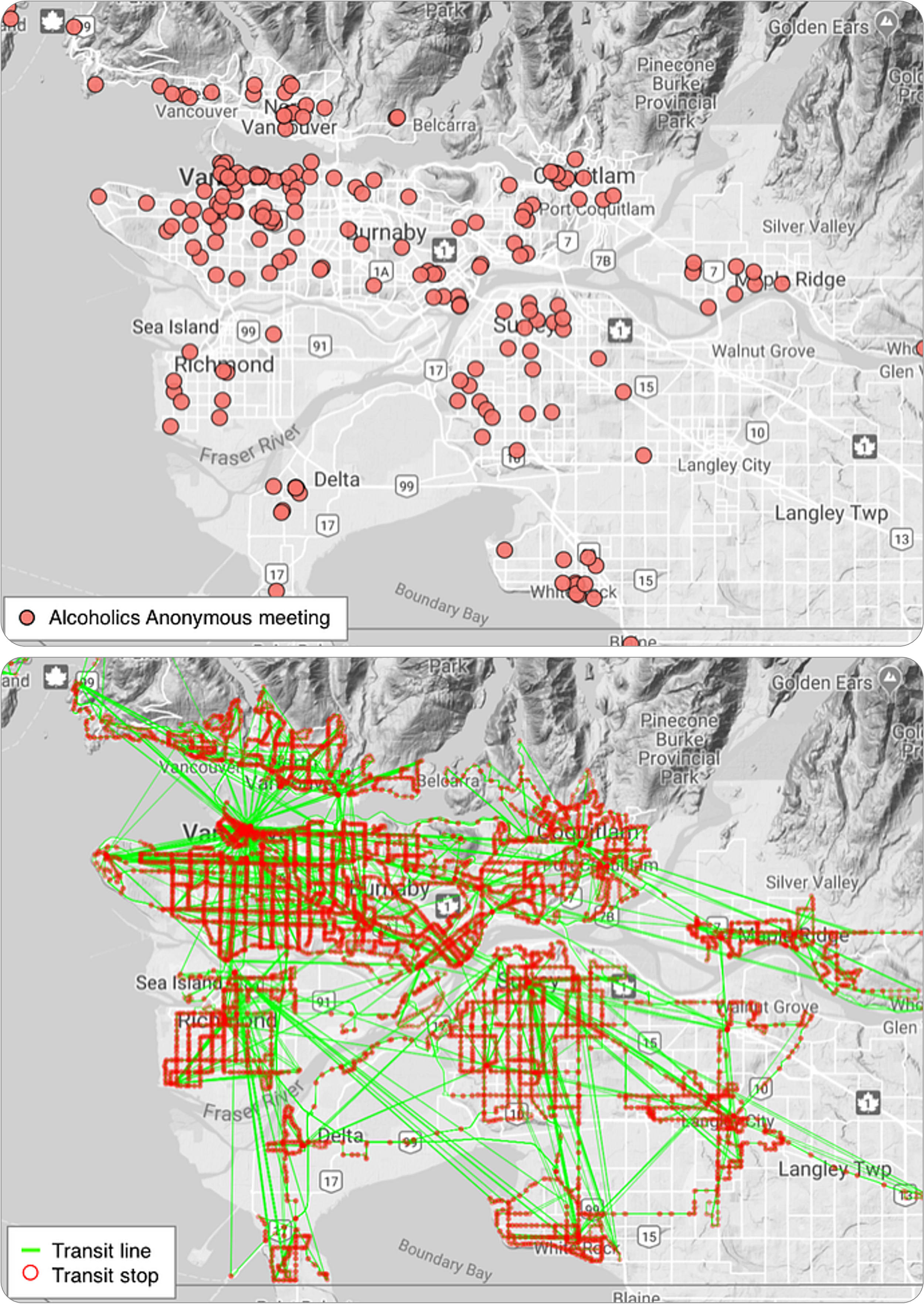 Top map shows locations of anonymous alcoholics meetings in Vancouver, British Columbia, marked with red dots, with some clusters in downtown and surrounding areas. Bottom map overlaid with green transit lines and red transit stops, indicating transit routes and stops across Vancouver.