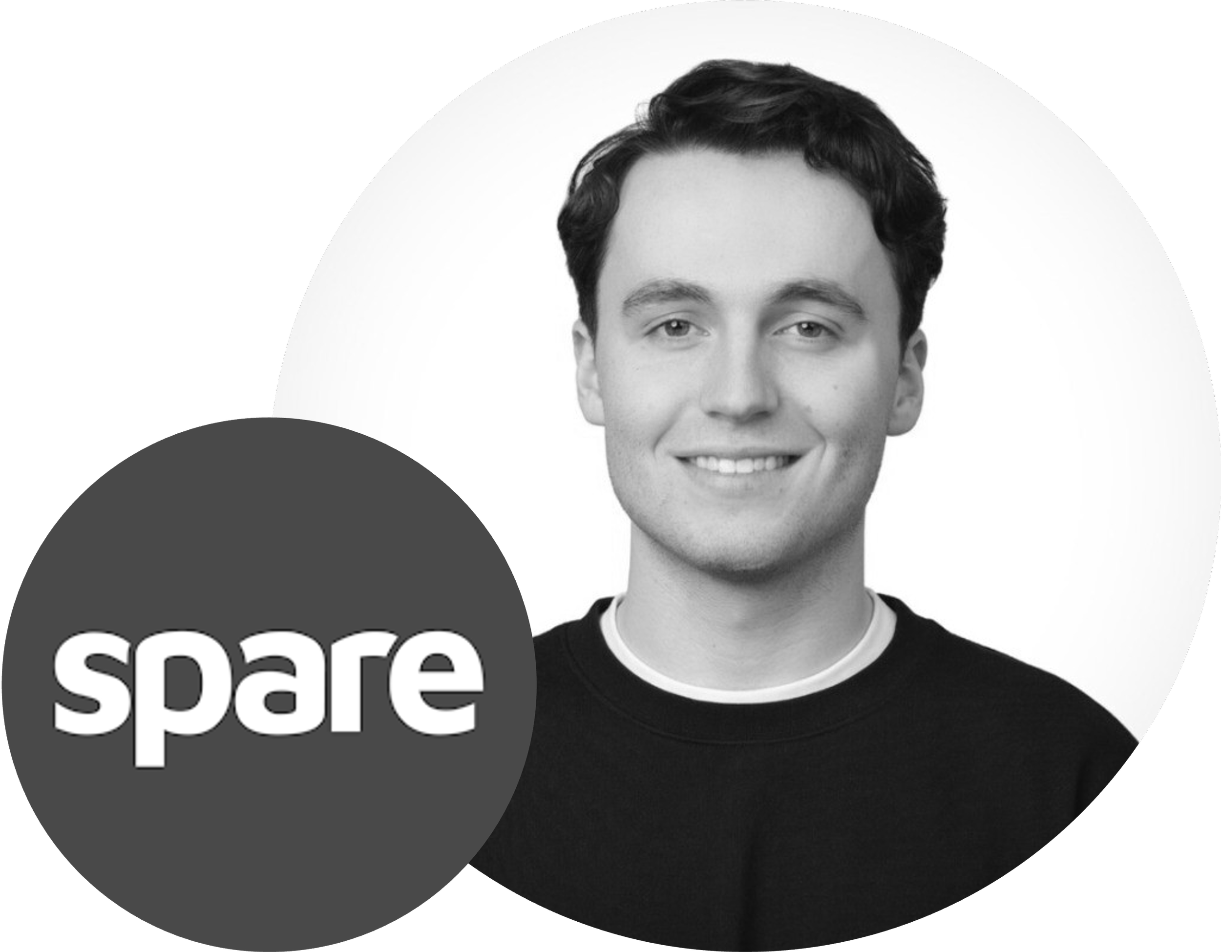 Black and white portrait of a young man with dark hair smiling, wearing a dark shirt with a white collar, with a 'spare' logo in a gray circle overlapping his shoulder.