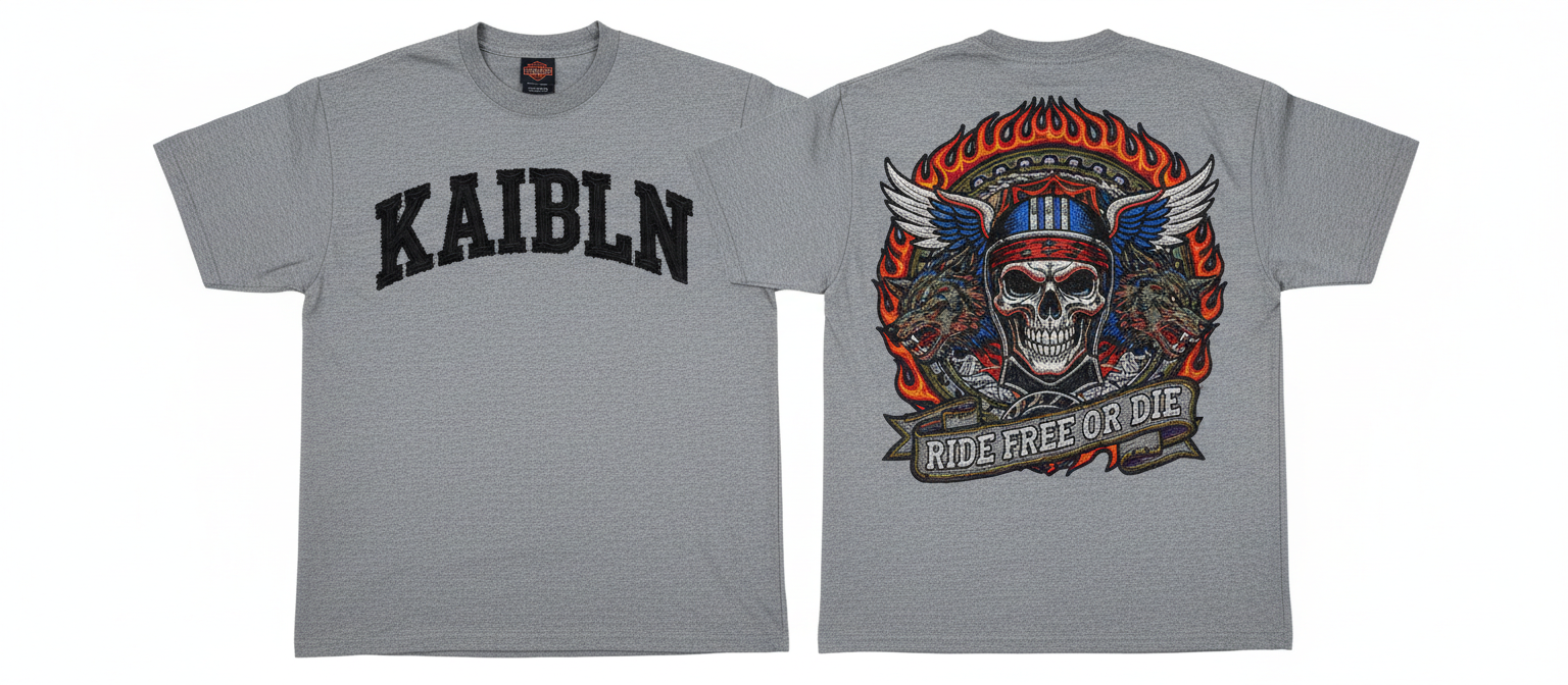 Gray T-shirt with black text 'KAIBLN' on the front and a graphic of a skull with a bandana, wings, and an armored helmet, surrounded by flames and wolves, with banner text 'RIDE FREE OR DIE' on the back.