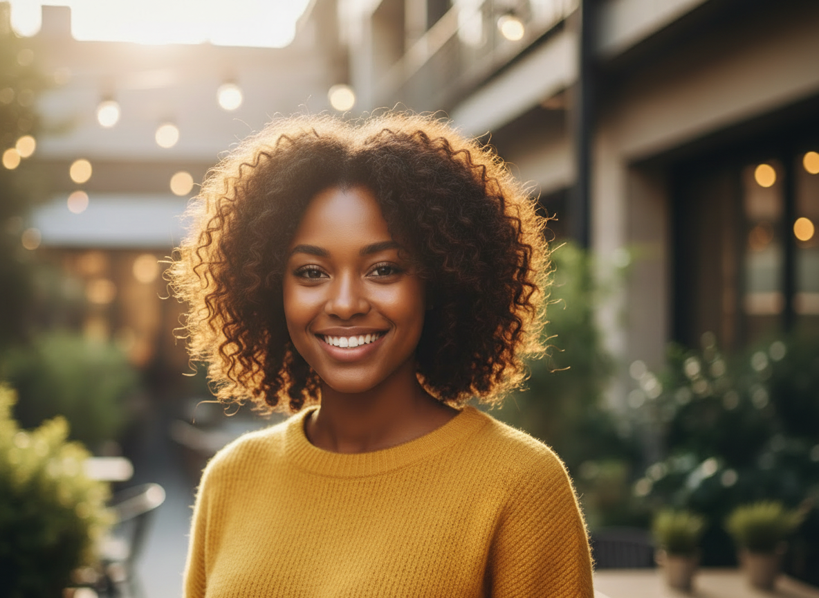 A smiling woman with curly hair wearing a yellow sweater outdoors.