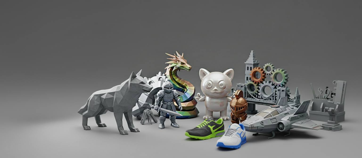 Collection of toy figures and objects, including a paper-crafted wolf, a polygonal dragon, a toy knight with armor and sword, a cute white pig figurine, a small brown robot, a gray spaceship, a pair of black and green running shoes, and a pair of white and blue sneakers, set against a plain gray background.