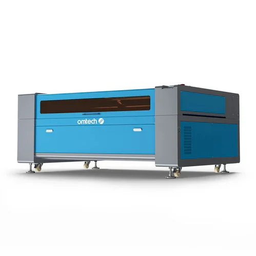 Blue and gray industrial laser cutting machine with the brand name 'omtech'