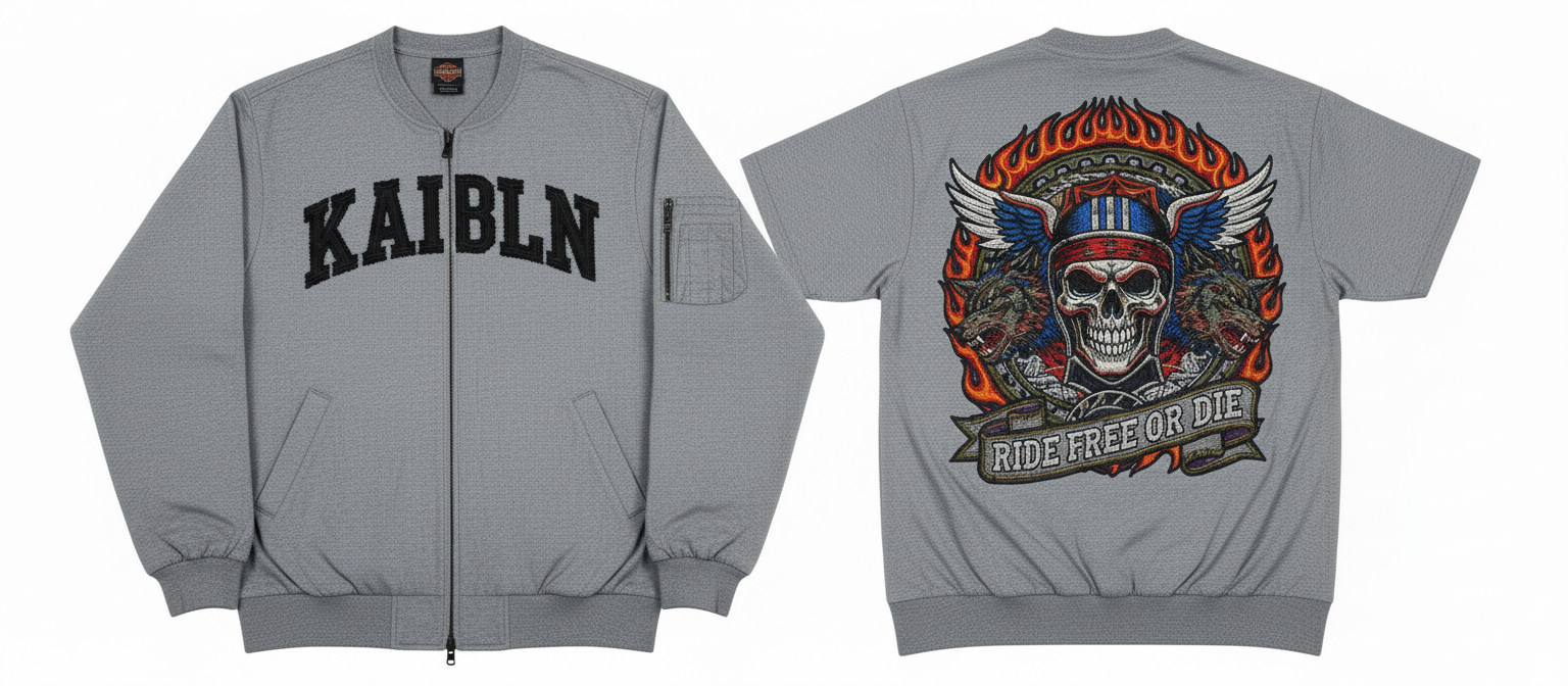 Gray bomber jacket with black embroidered letters spelling "KAIBLN" on the front and a large graphic of a skull with wings, flames, and wolves on the back, accompanied by the phrase "RIDE FREE OR DIE".