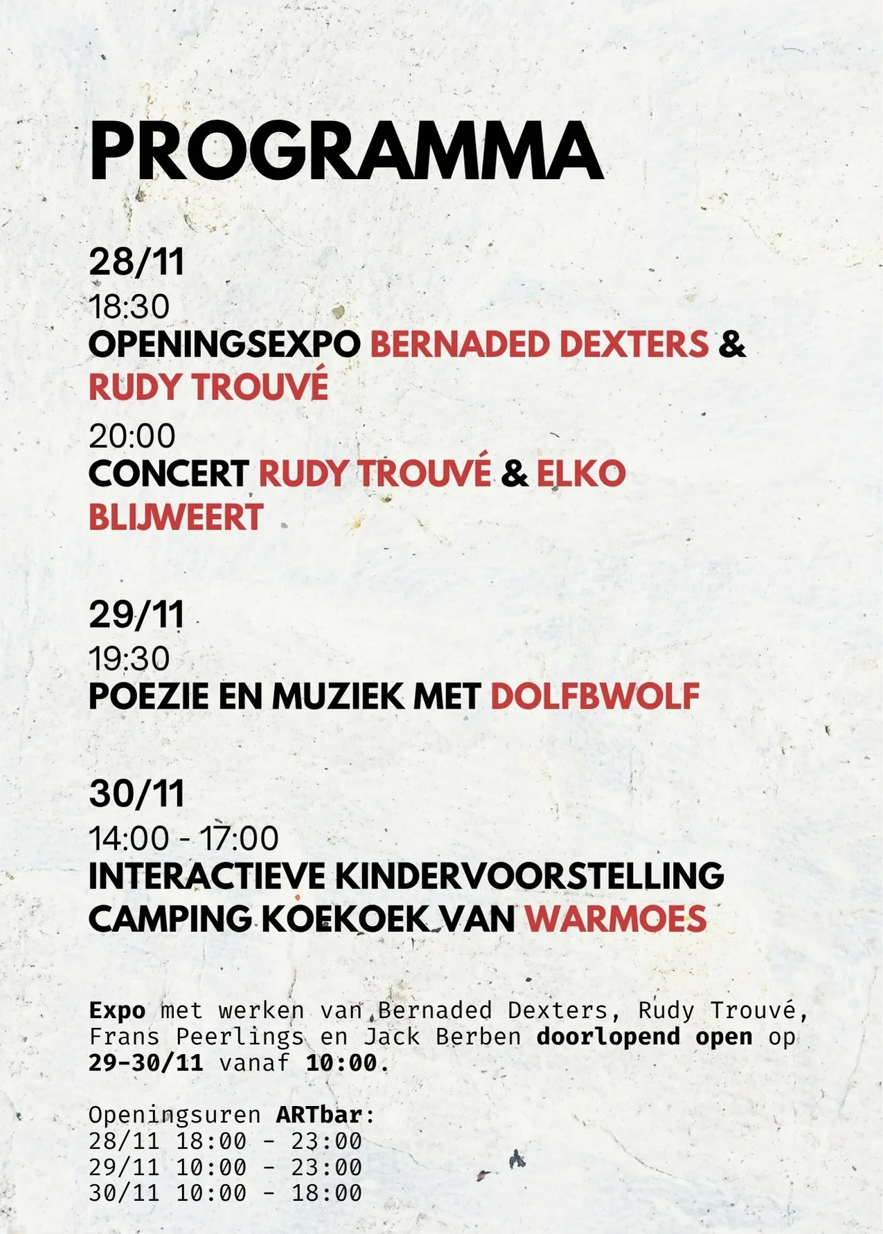 A program schedule poster listing events from November 28 to November 30, including exhibitions, concerts, poetry and music, and children's shows, with details on timings and participating artists.